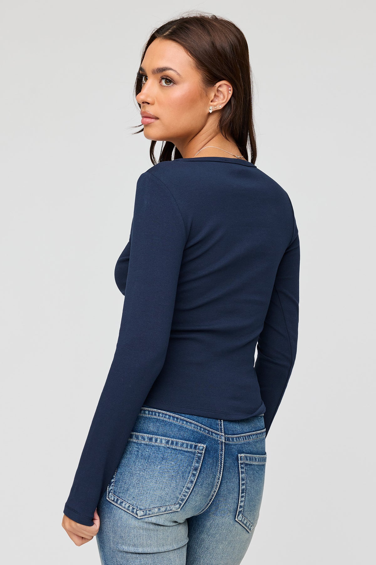 Alt View 2. Henley Long Sleeve Top - Navy