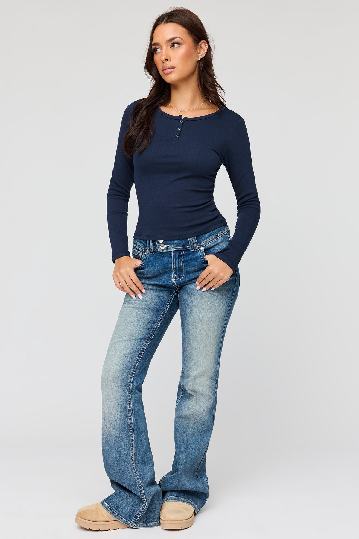 Alt View 3. Henley Long Sleeve Top - Navy