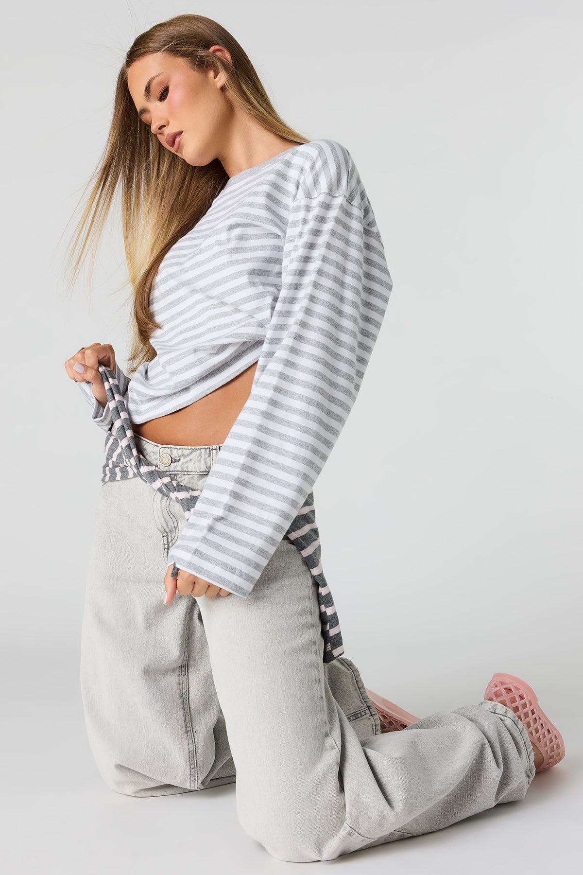 Striped Boxy Long Sleeve Top - Heather Grey