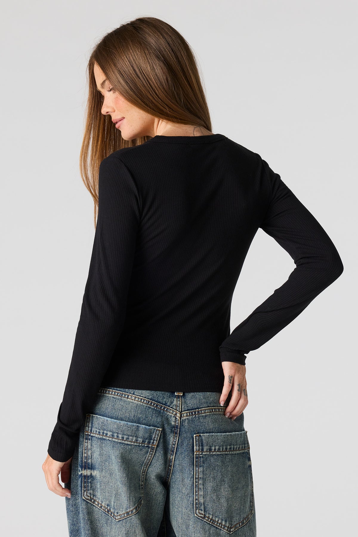 Alt View 2. Ribbed Long Sleeve Henley Top - Solid Black