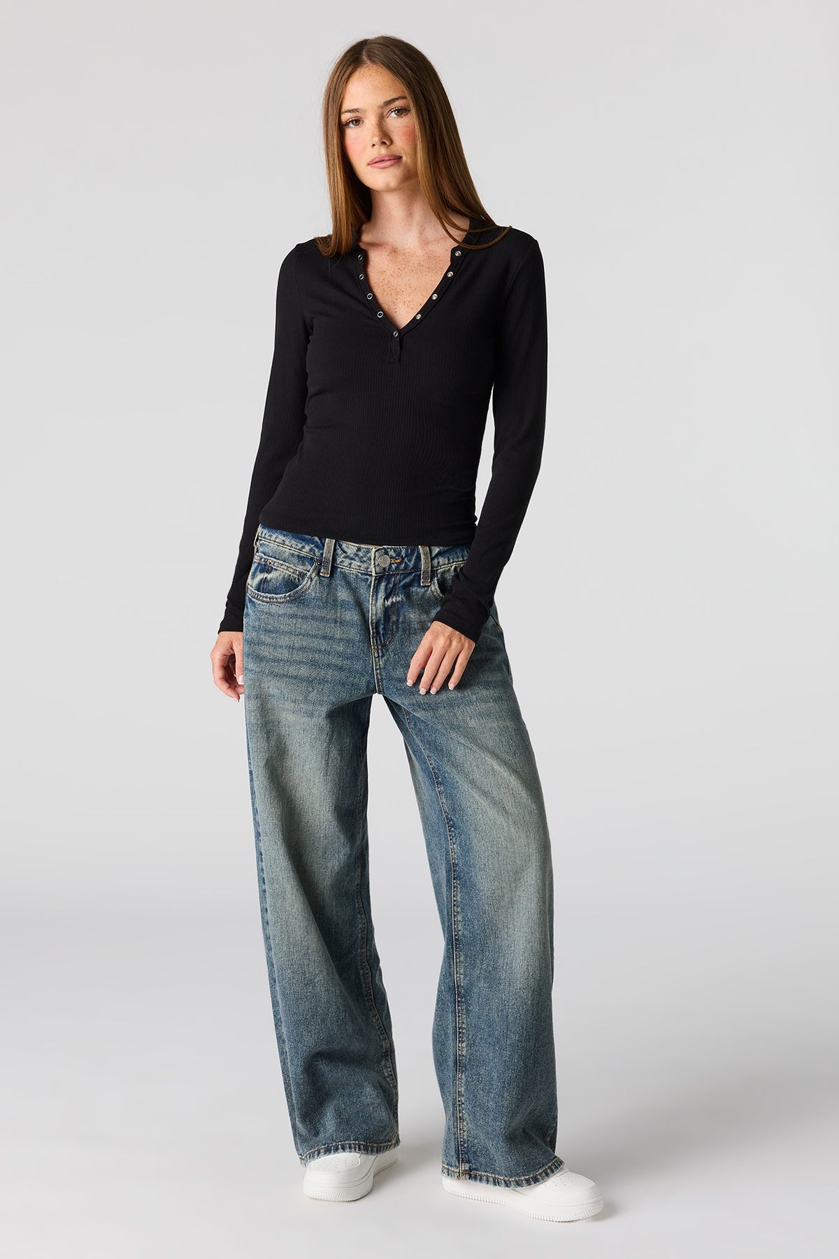 Alt View 3. Ribbed Long Sleeve Henley Top - Solid Black