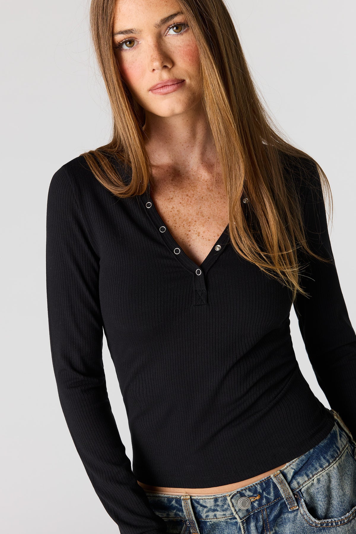 Alt View 4. Ribbed Long Sleeve Henley Top - Solid Black