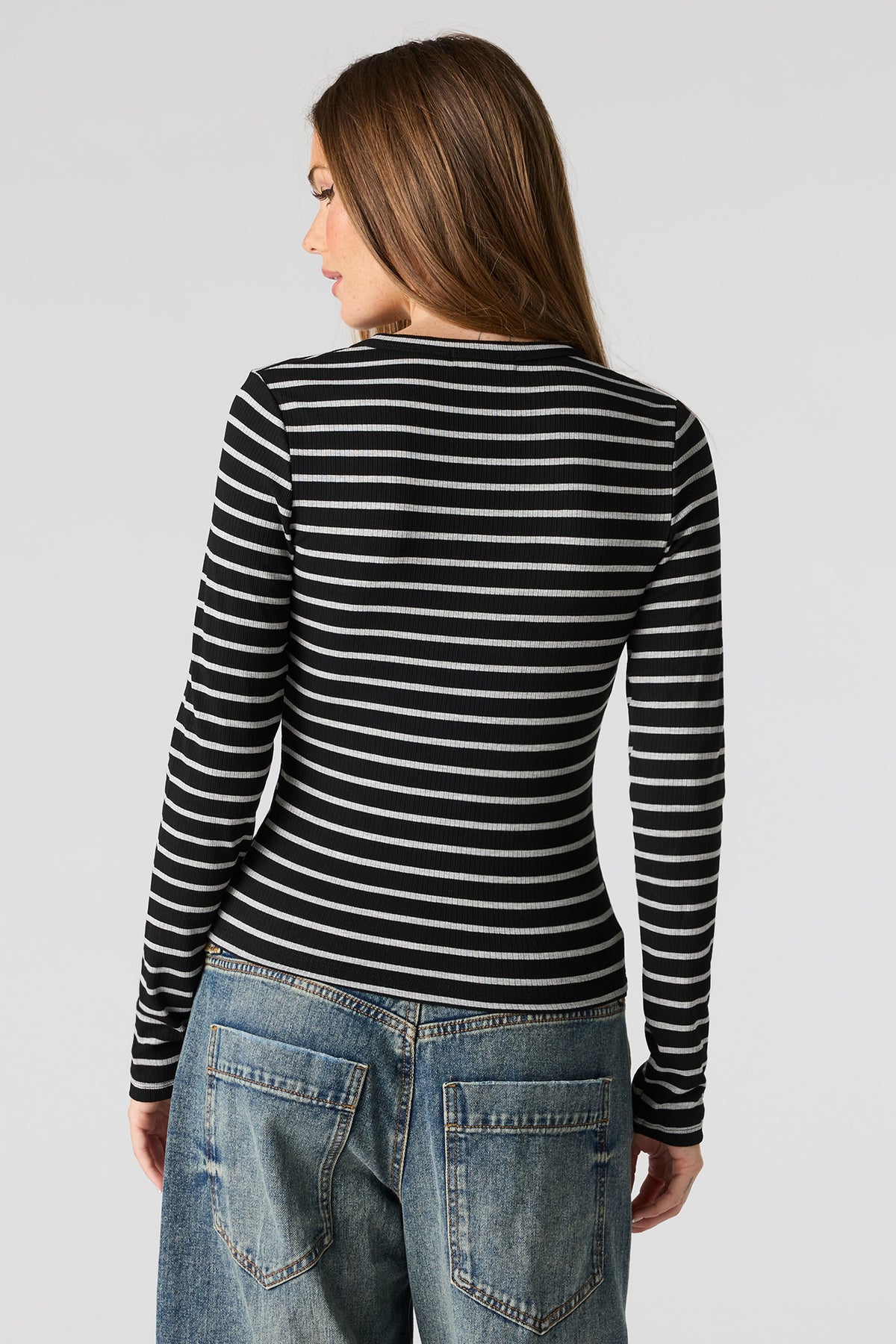 Alt View 2. Ribbed Long Sleeve Henley Top - Black