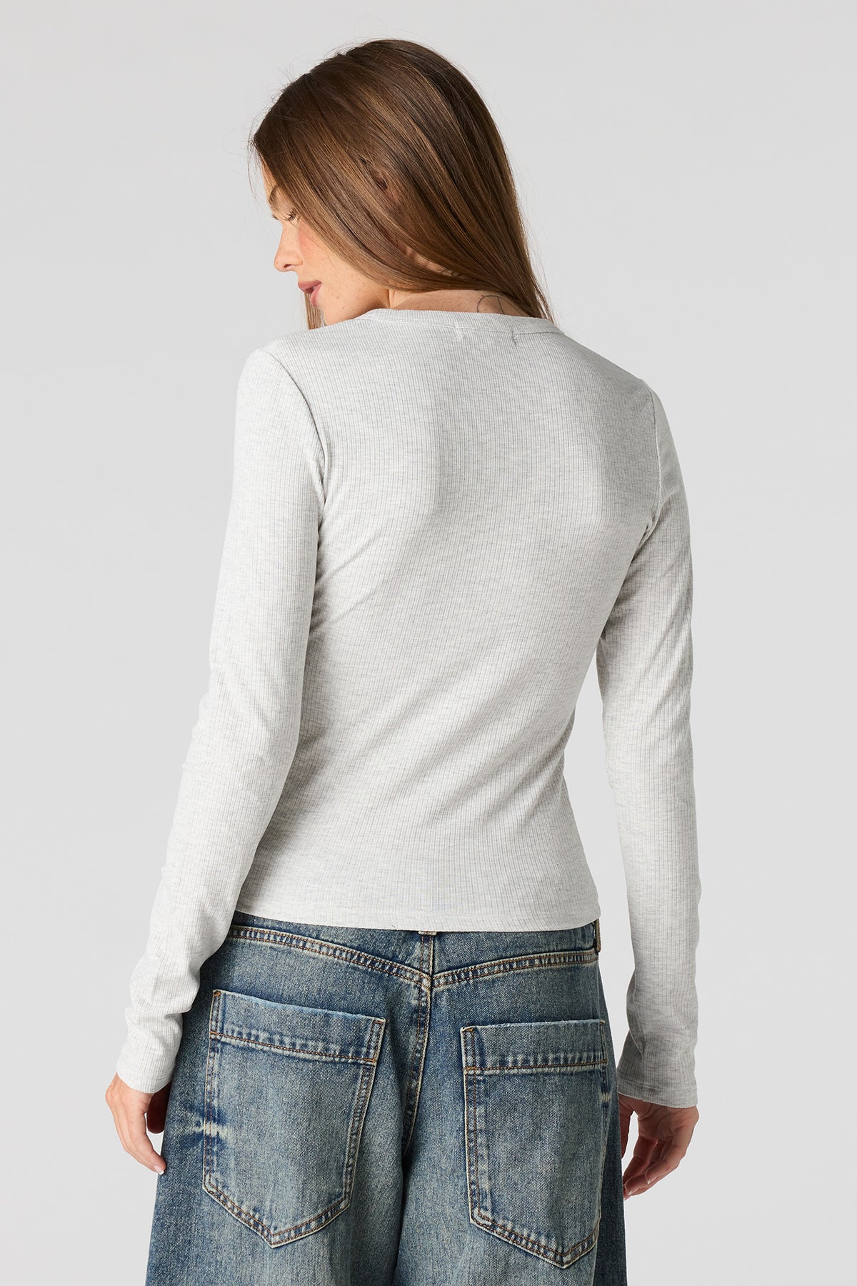 Alt View 2. Ribbed Long Sleeve Henley Top - Light Grey