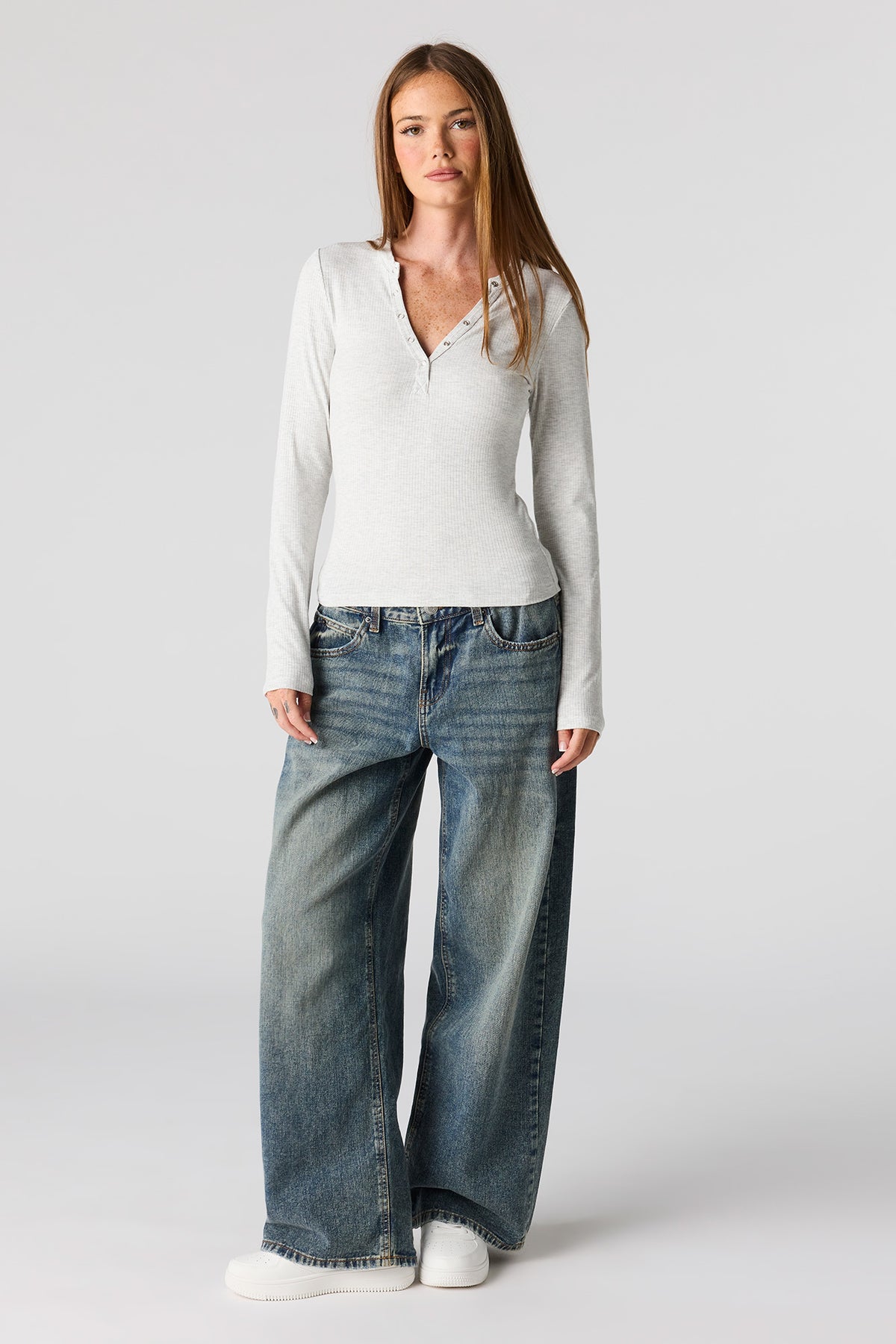 Alt View 3. Ribbed Long Sleeve Henley Top - Light Grey
