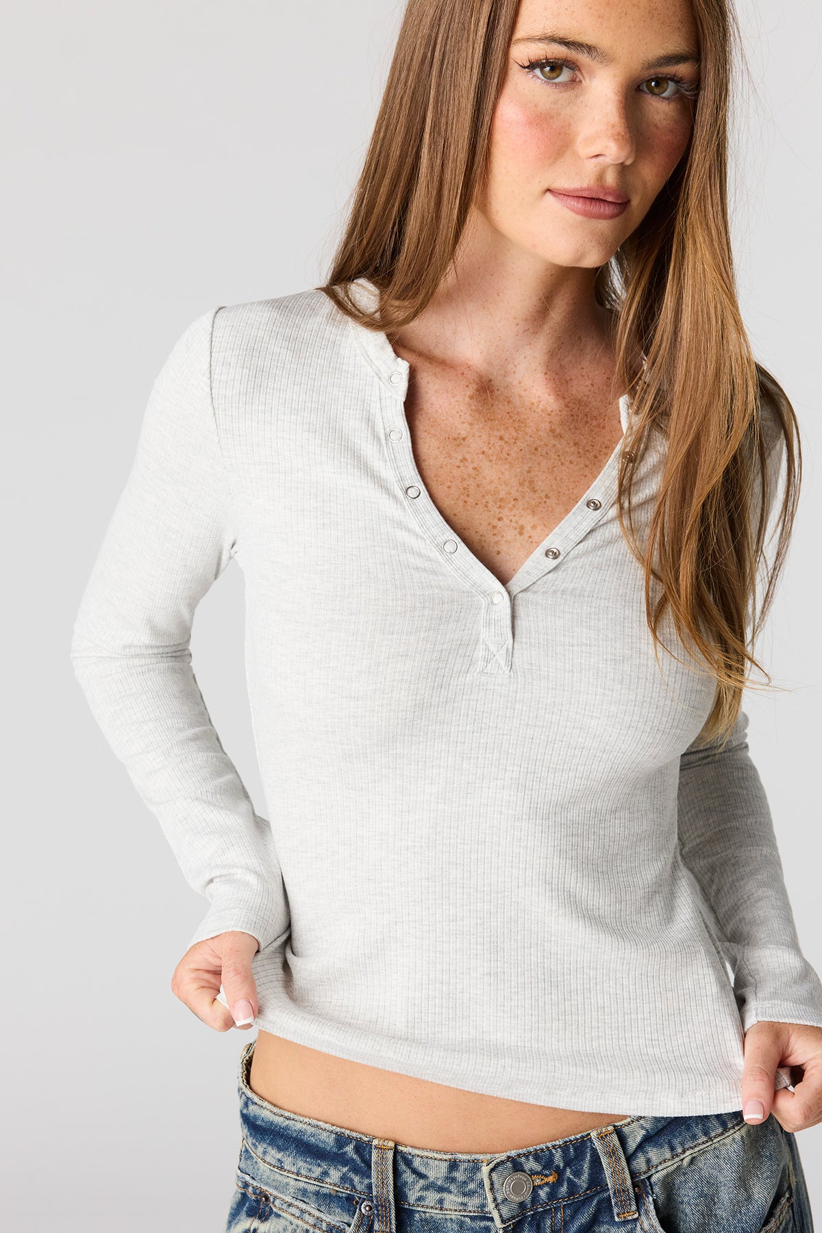 Alt View 4. Ribbed Long Sleeve Henley Top - Light Grey