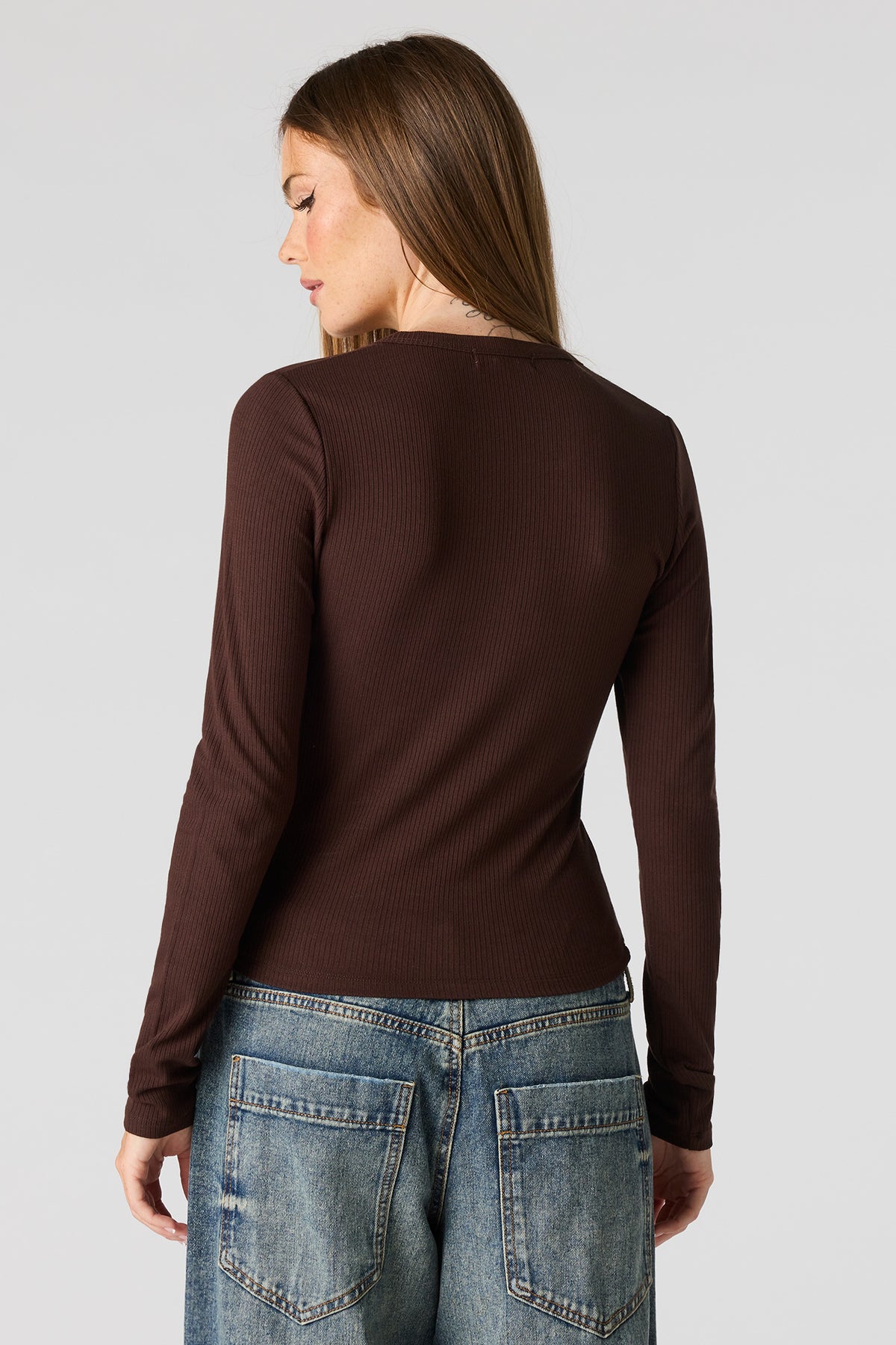 Alt View 2. Ribbed Long Sleeve Henley Top - Brown
