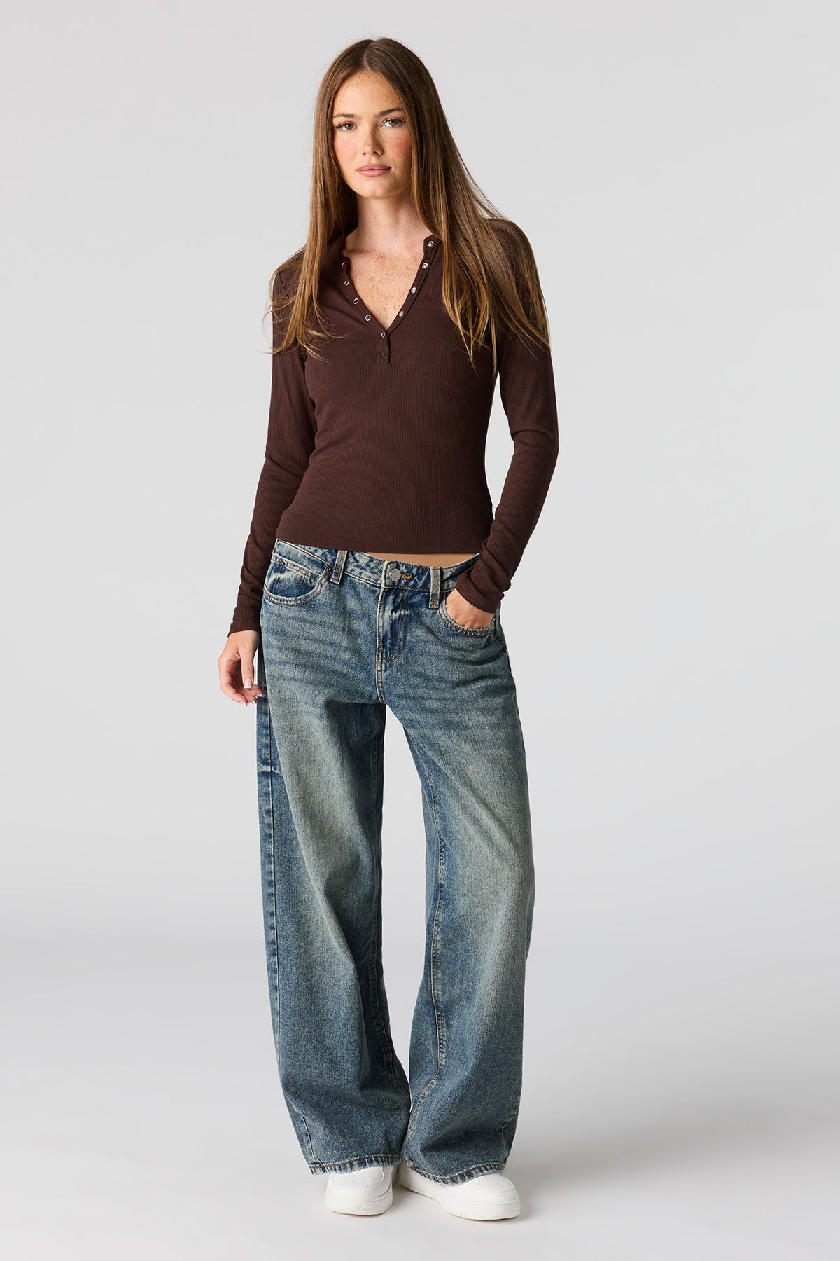 Alt View 3. Ribbed Long Sleeve Henley Top - Brown