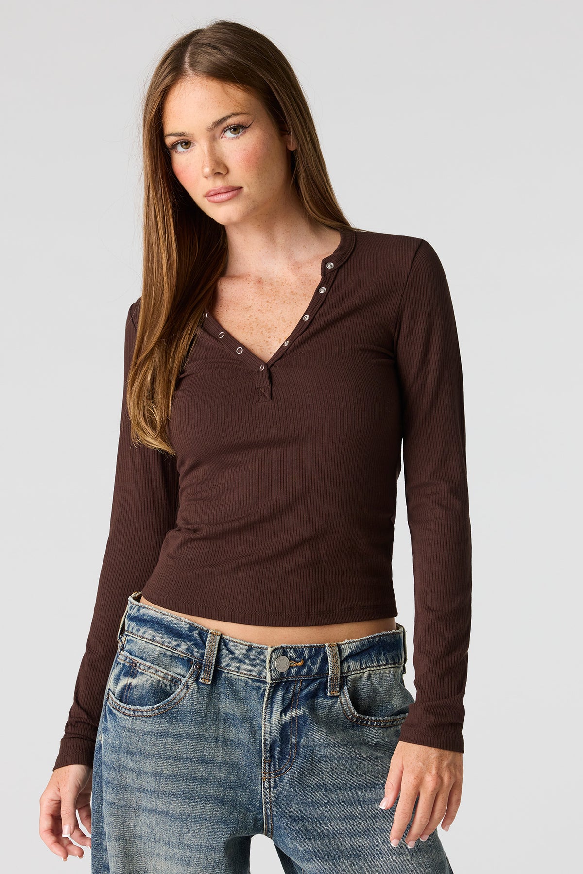 Ribbed Long Sleeve Henley Top - Brown