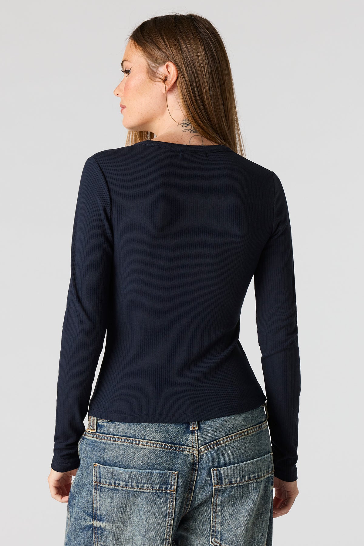 Alt View 2. Ribbed Long Sleeve Henley Top - Navy