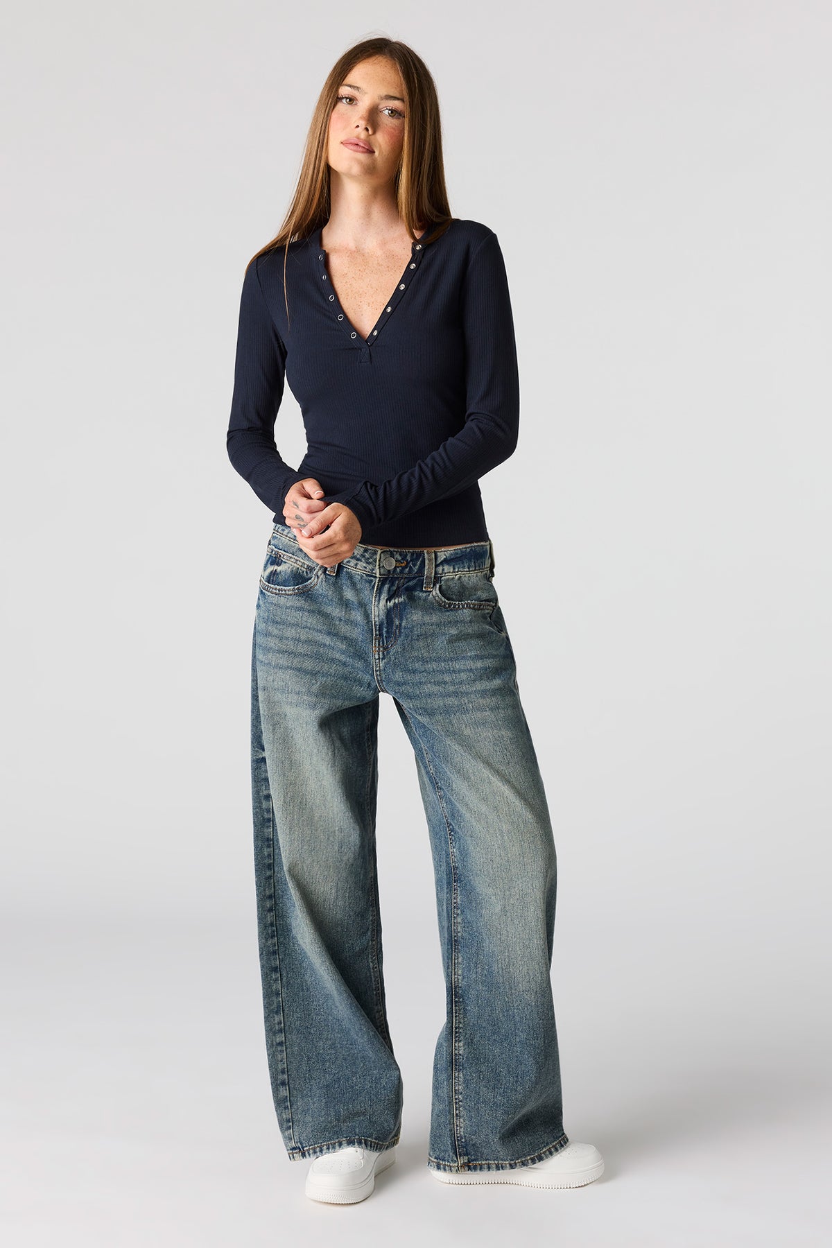 Alt View 3. Ribbed Long Sleeve Henley Top - Navy