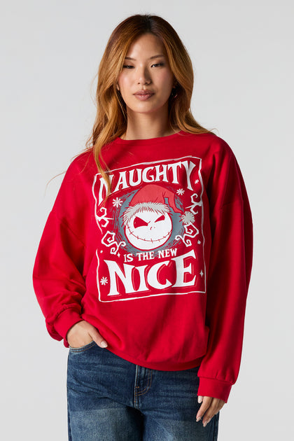 Naughty Is Nice Jack Skellington Graphic Fleece Christmas Sweatshirt