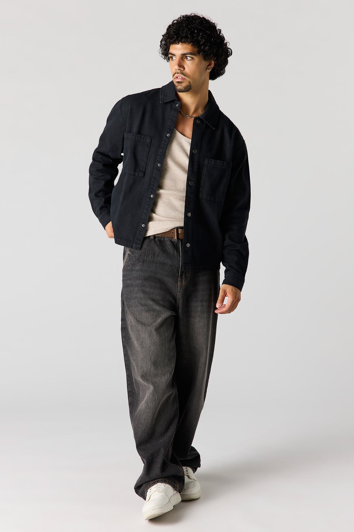 Alt View 3. Boxy Denim Button-Up Top - Black