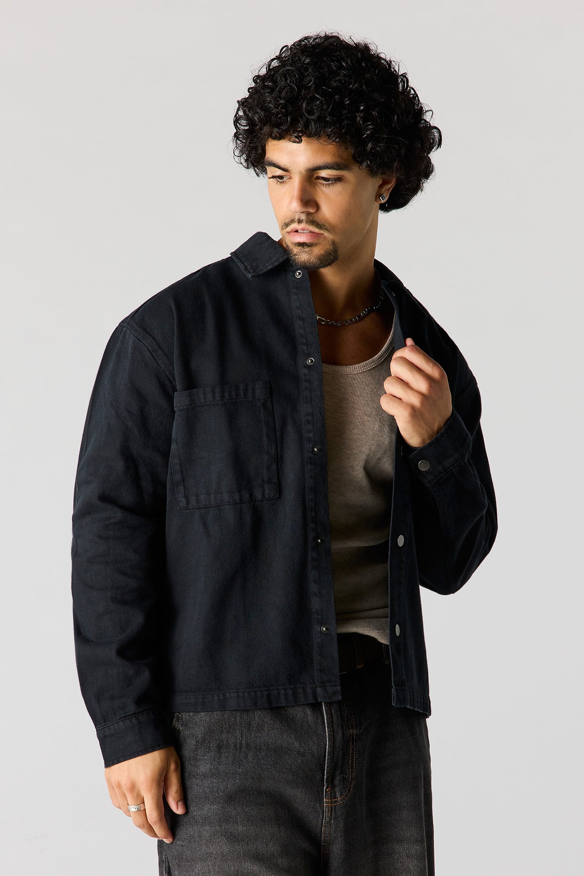 Boxy Denim Button-Up Top - Black