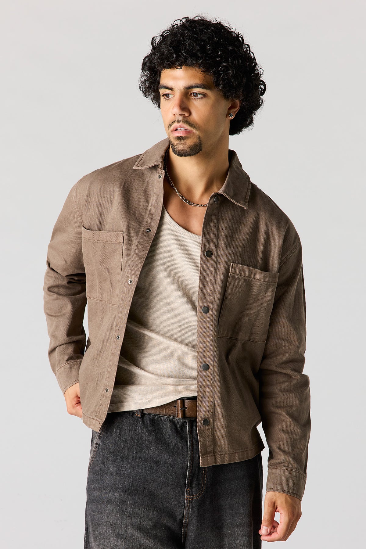 Boxy Denim Button-Up Top - Tan