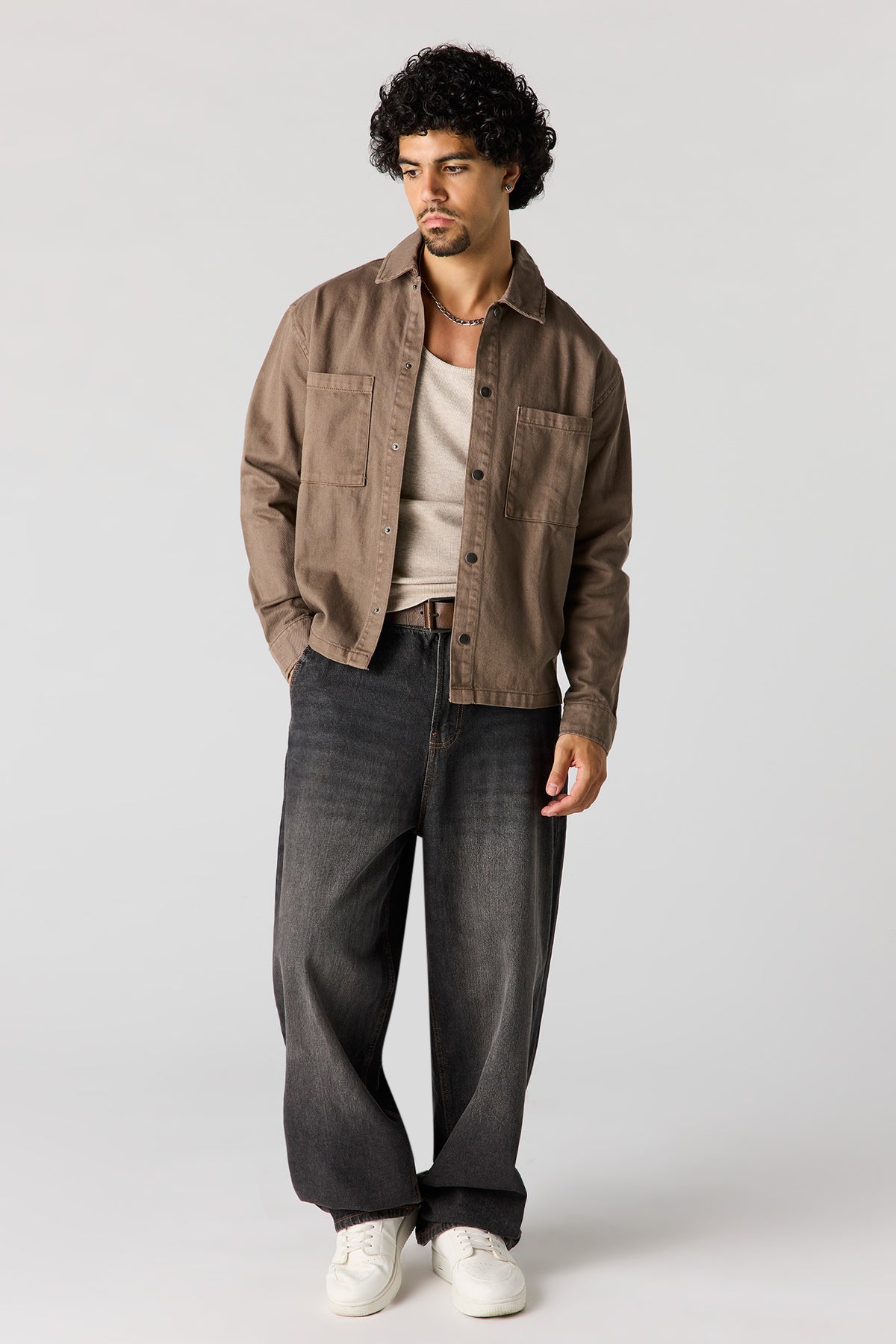 Alt View 3. Boxy Denim Button-Up Top - Tan