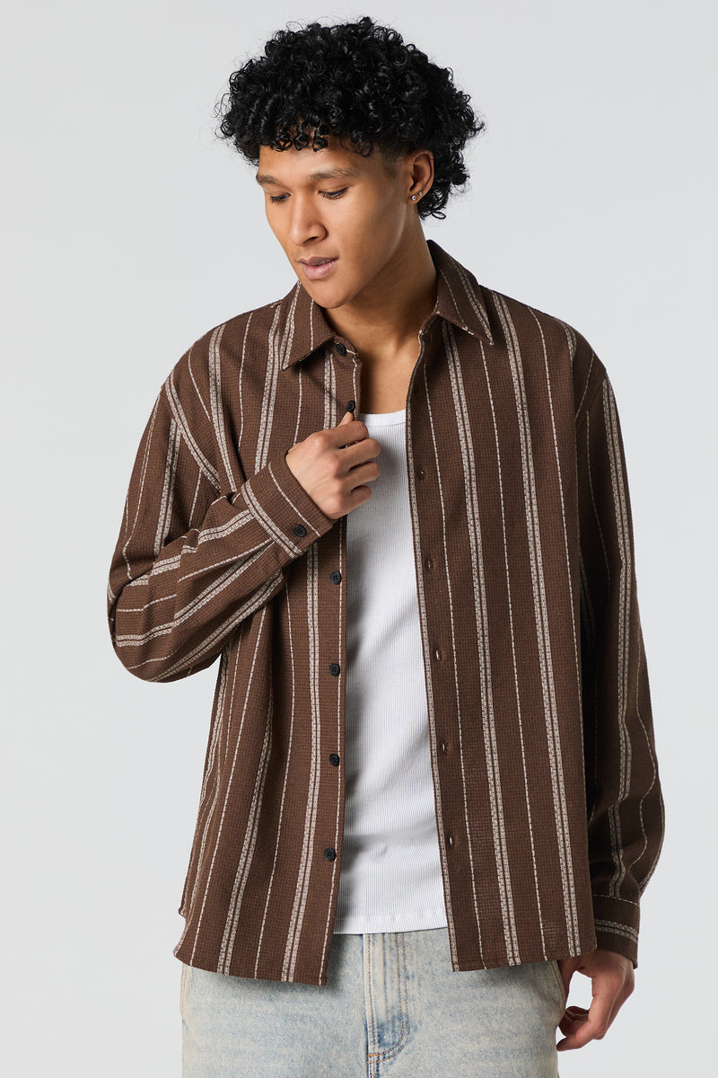 Textured Striped Long Sleeve Button-Up Top