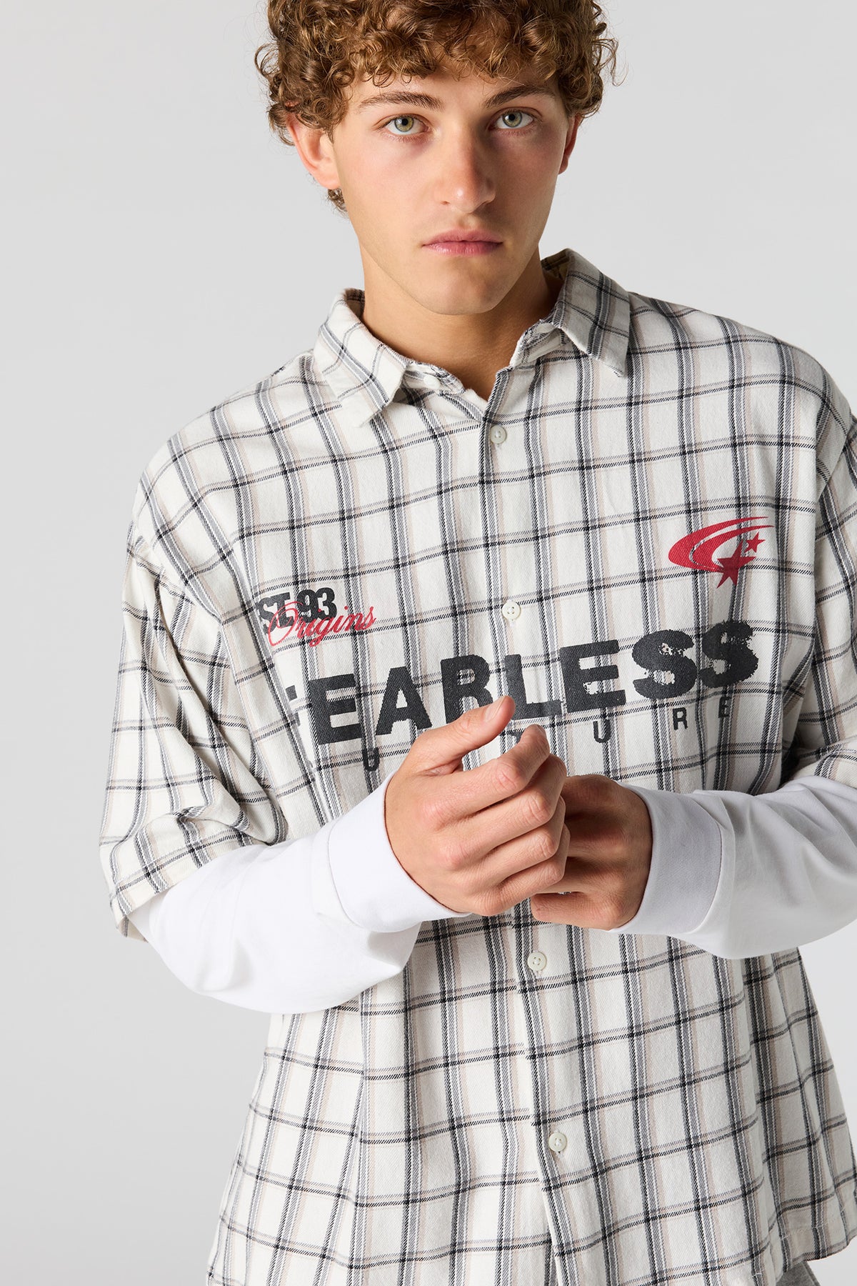 Alt View 4. Plaid Twofer Long Sleeve Button-Up Top - White