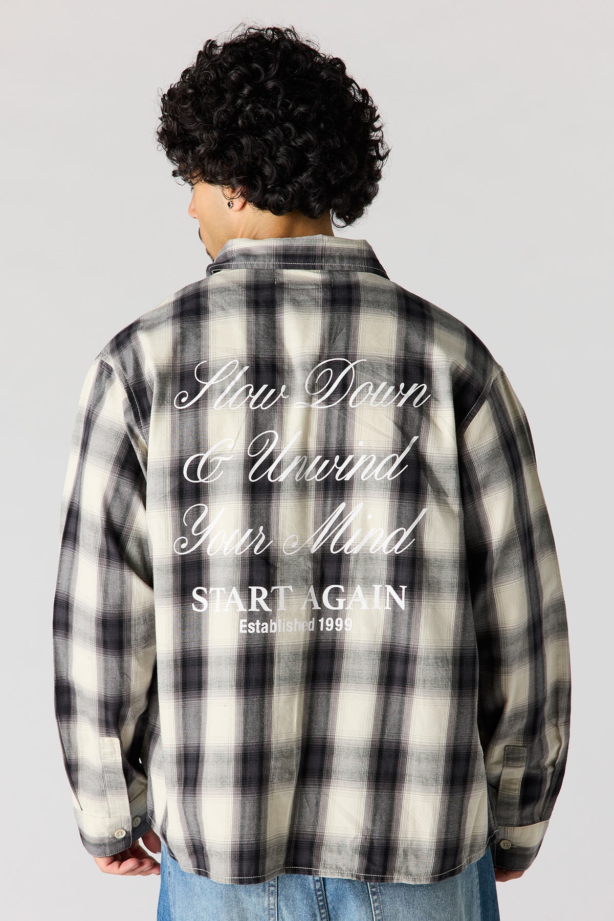 Graphic Plaid Long Sleeve Button-Up Top - Dark Grey