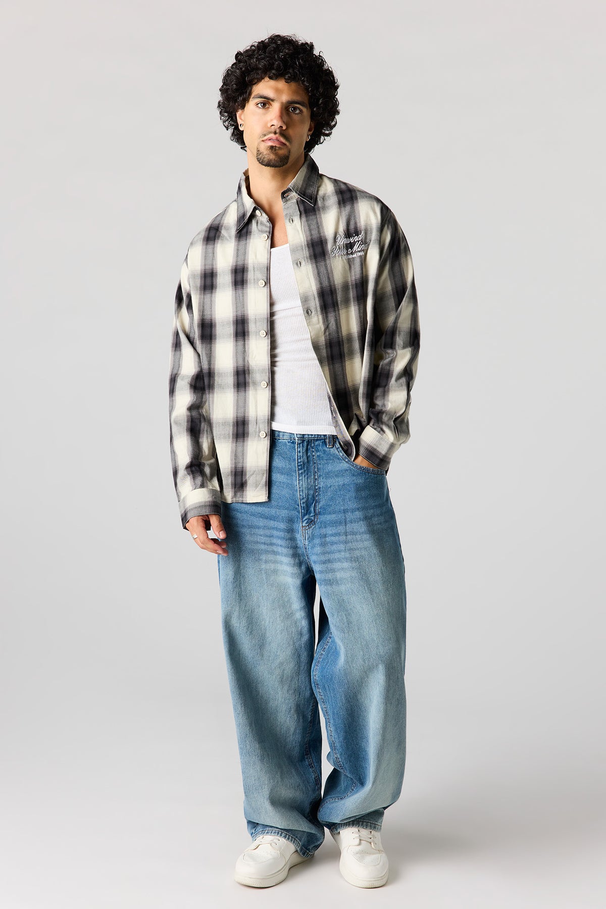 Alt View 3. Graphic Plaid Long Sleeve Button-Up Top - Dark Grey