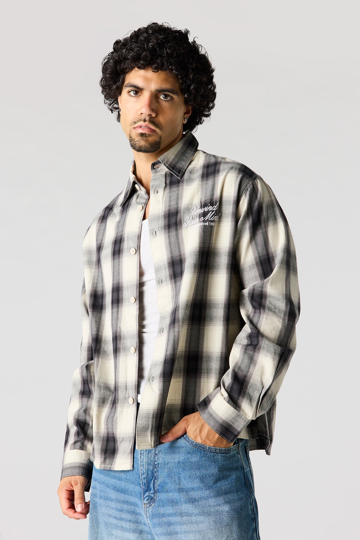 Alt View 2. Graphic Plaid Long Sleeve Button-Up Top - Dark Grey