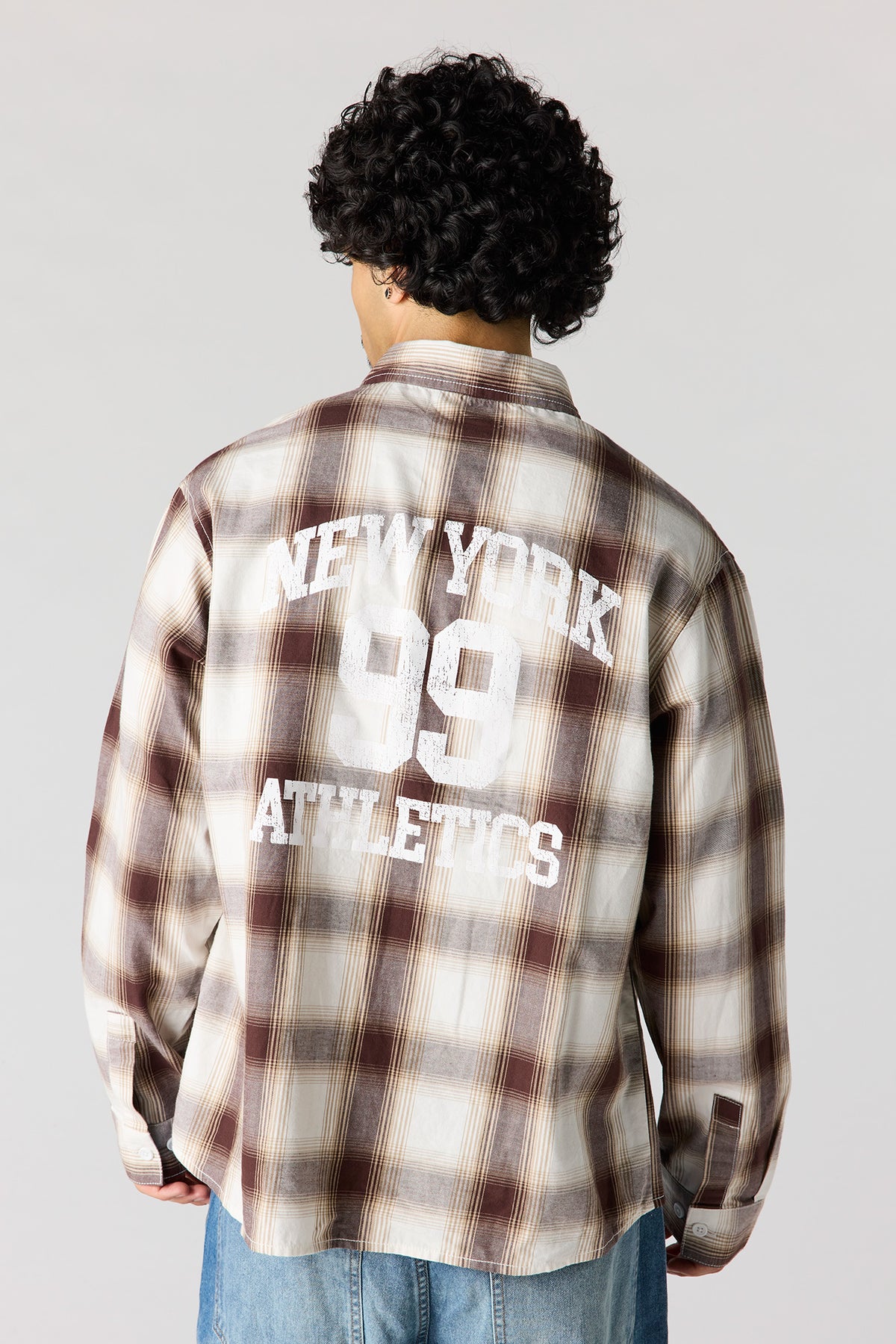 Graphic Plaid Long Sleeve Button-Up Top - Brown