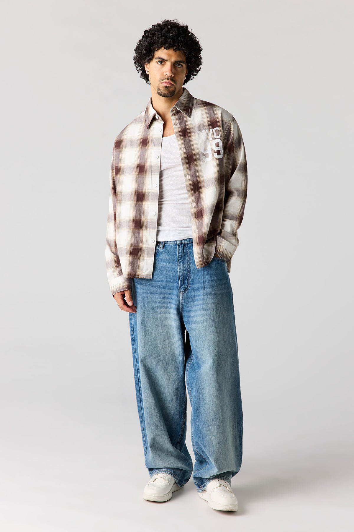 Alt View 3. Graphic Plaid Long Sleeve Button-Up Top - Brown