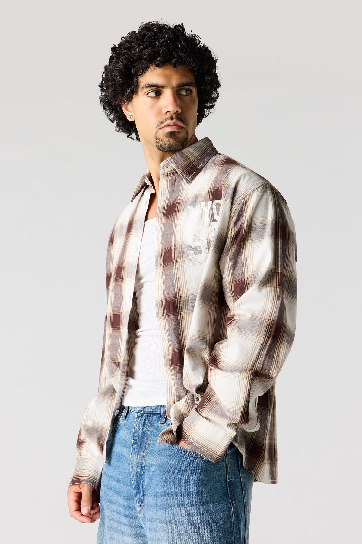 Alt View 2. Graphic Plaid Long Sleeve Button-Up Top - Brown