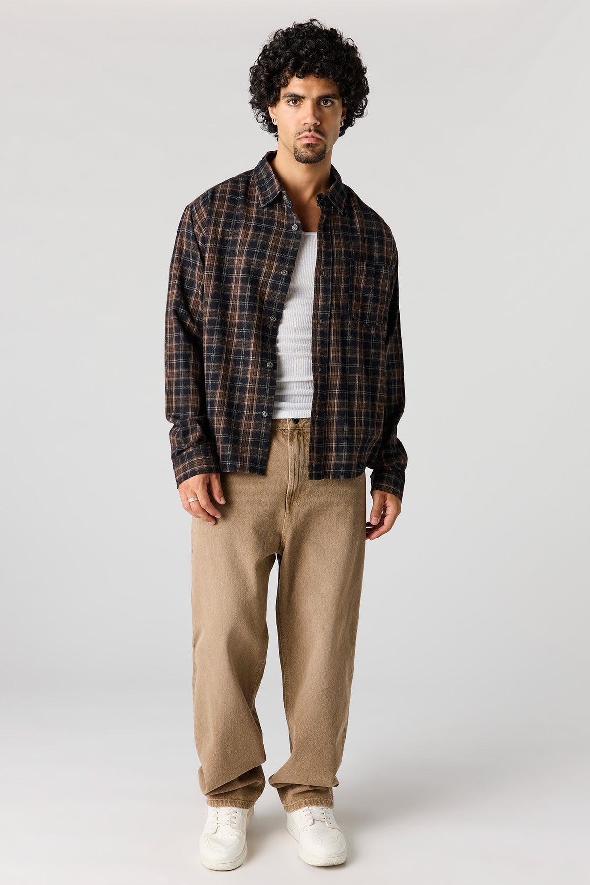 Alt View 3. Plaid Flannel Button-Up Top - Brown