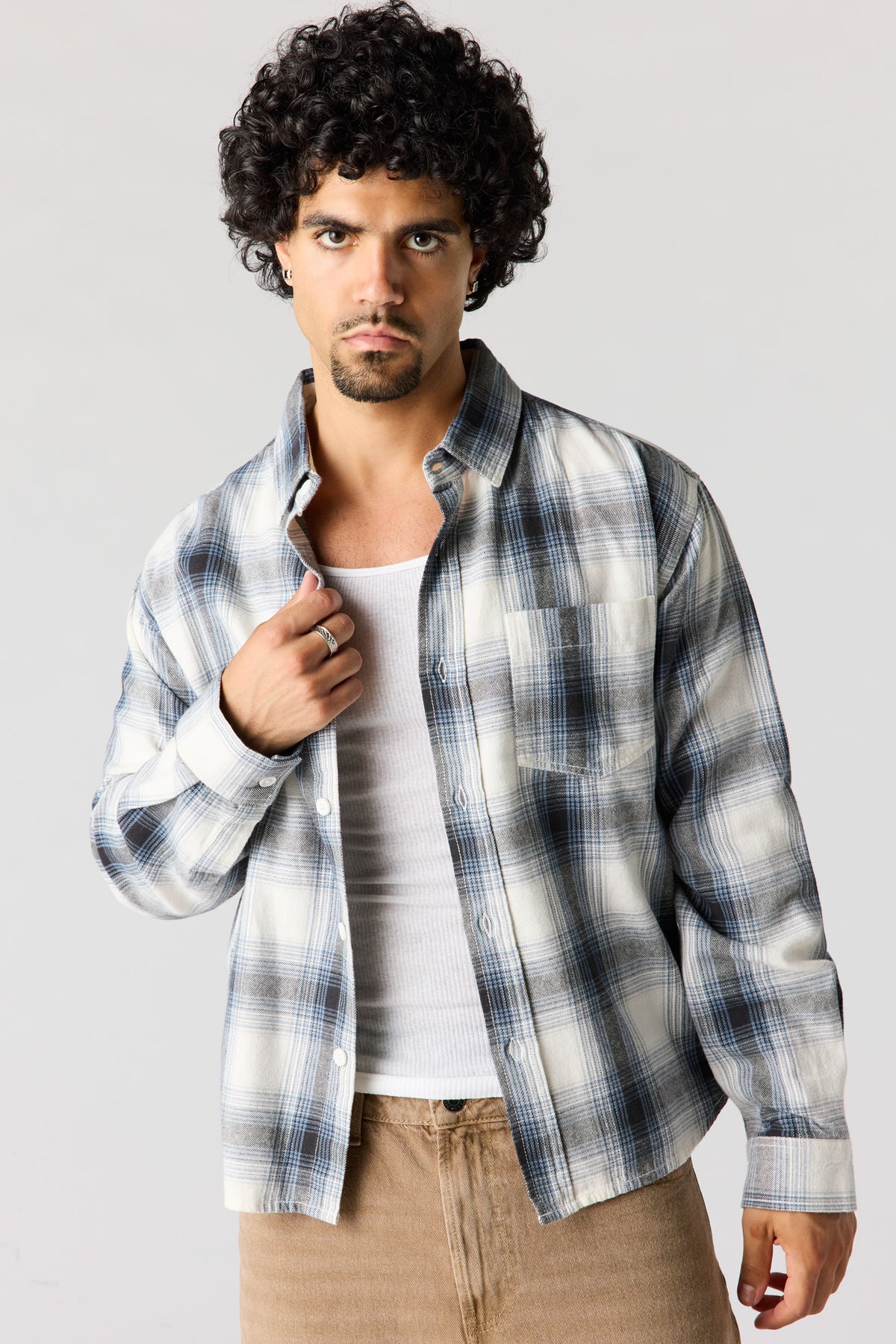 Plaid Flannel Button-Up Top - Blue