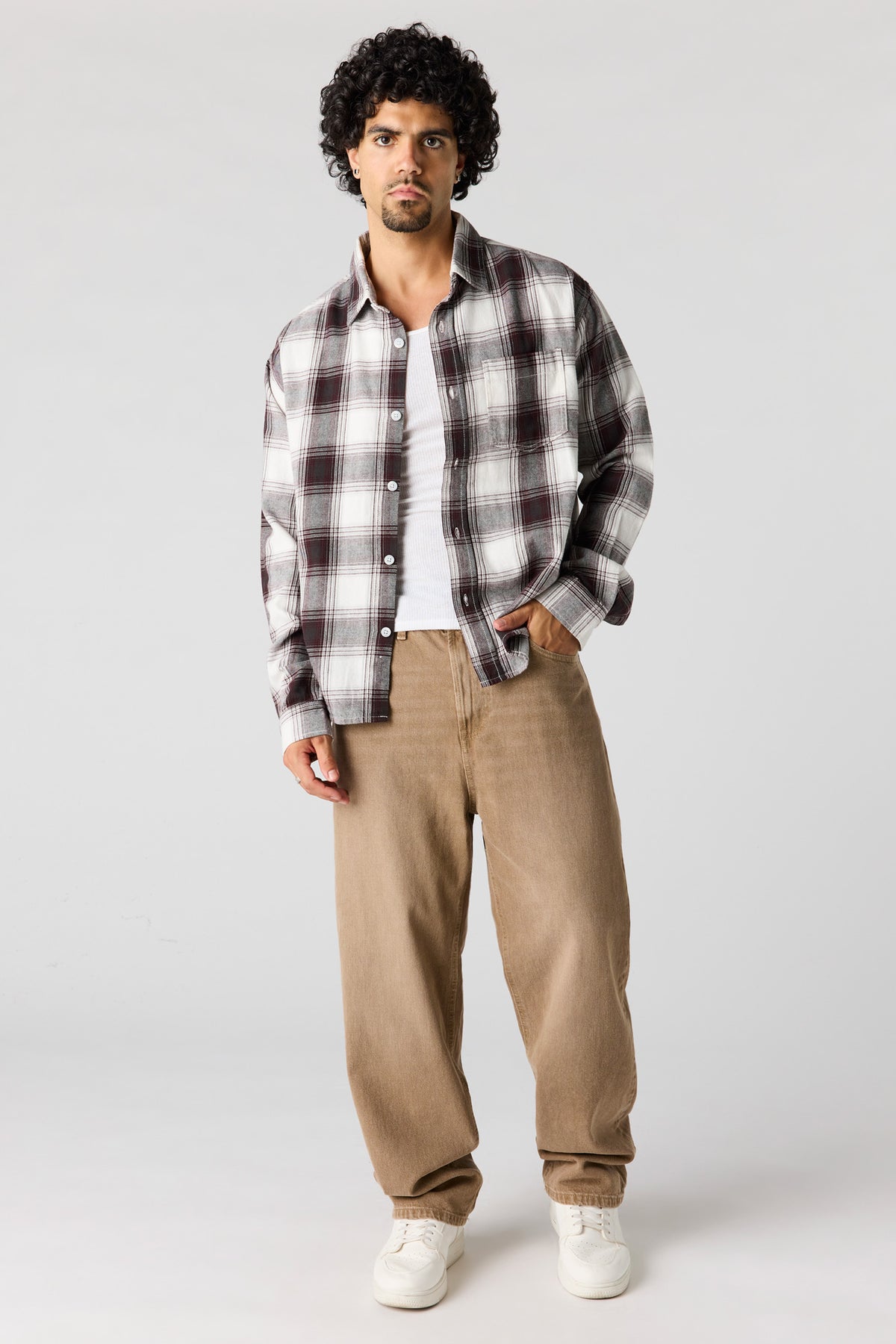 Alt View 3. Plaid Flannel Button-Up Top - Burgundy
