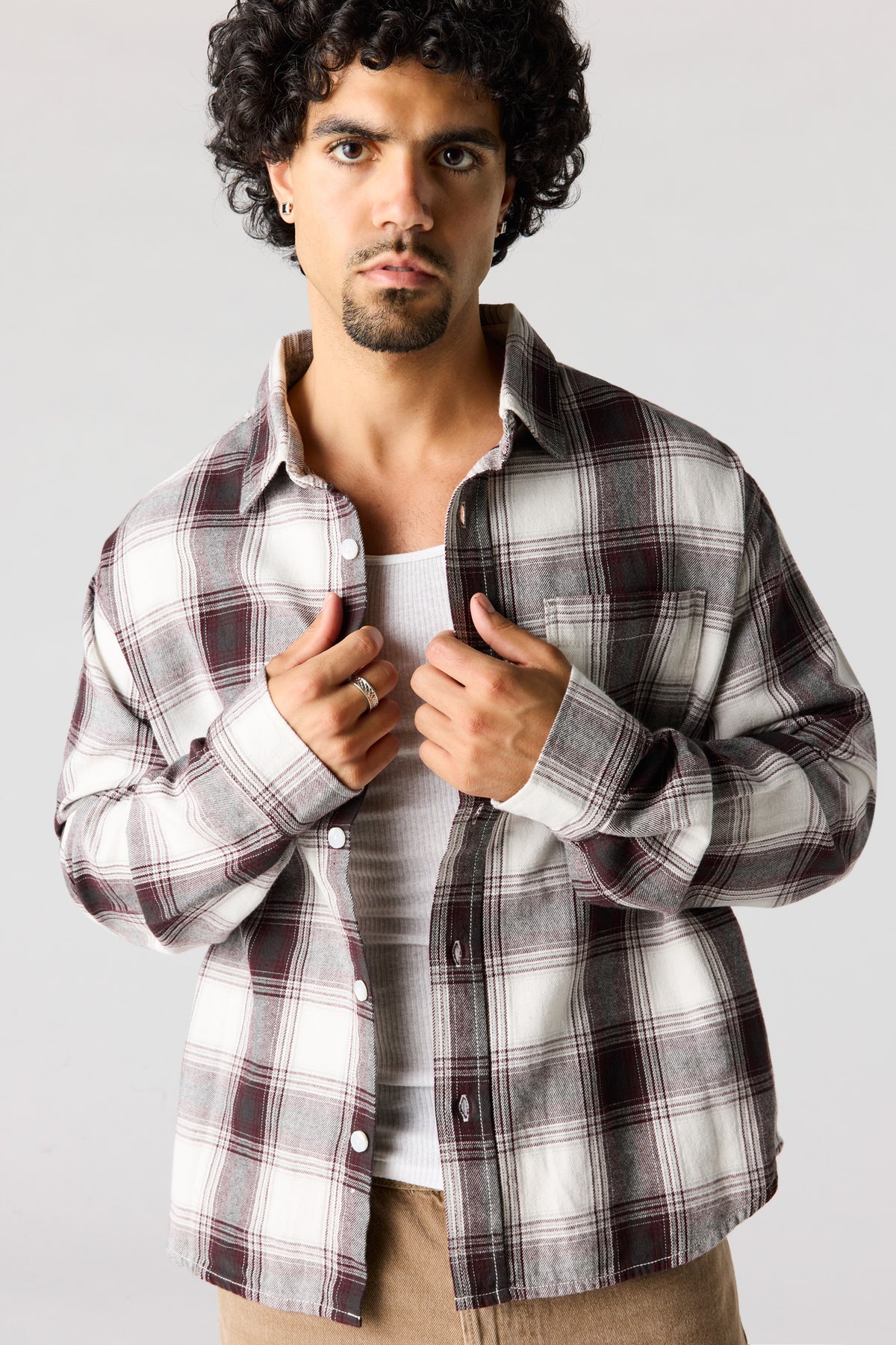 Plaid Flannel Button-Up Top - Burgundy
