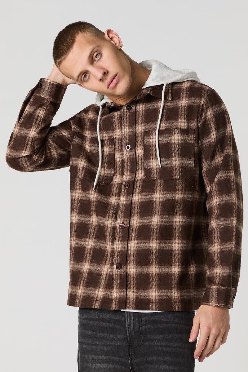 Plaid Flannel Button-Up Top with Hood