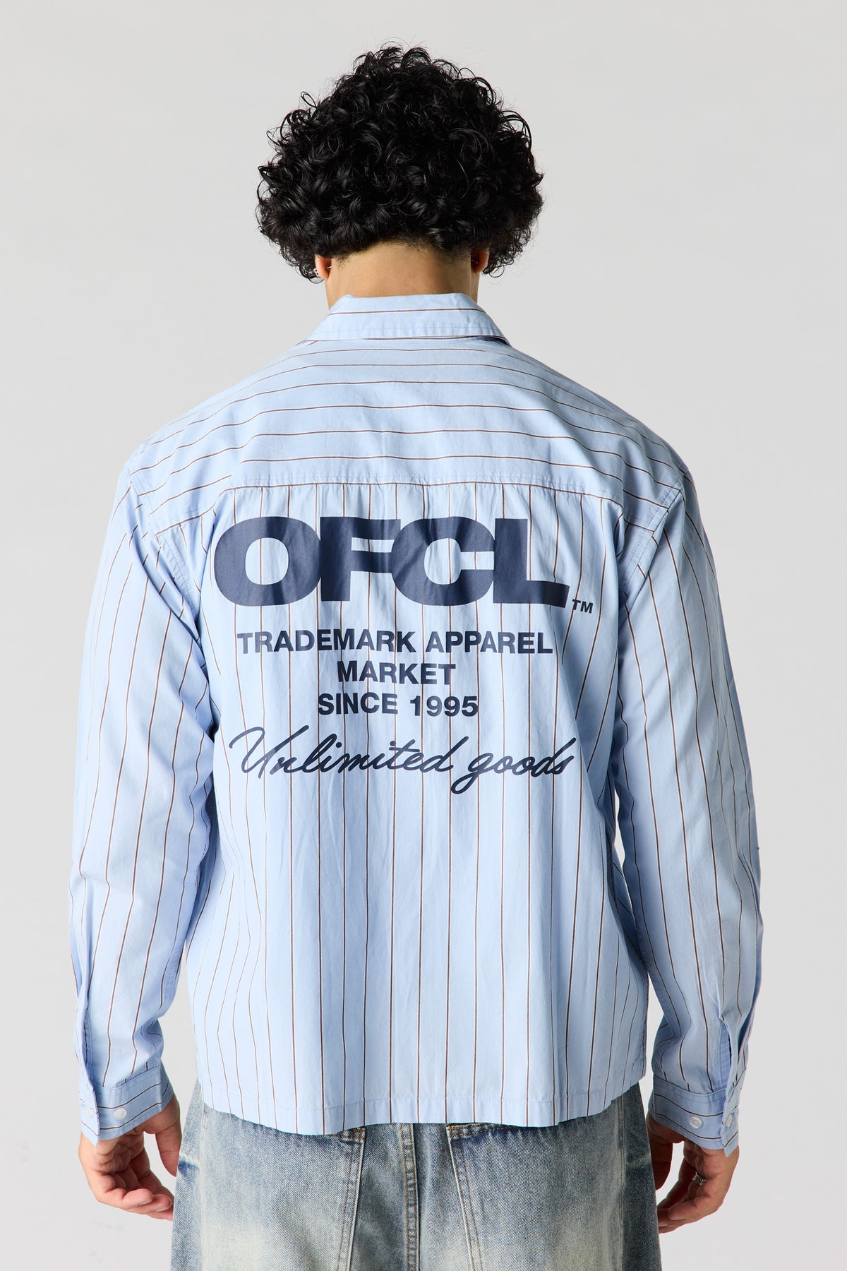 Pinstriped Graphic Button-Up Top - Blue