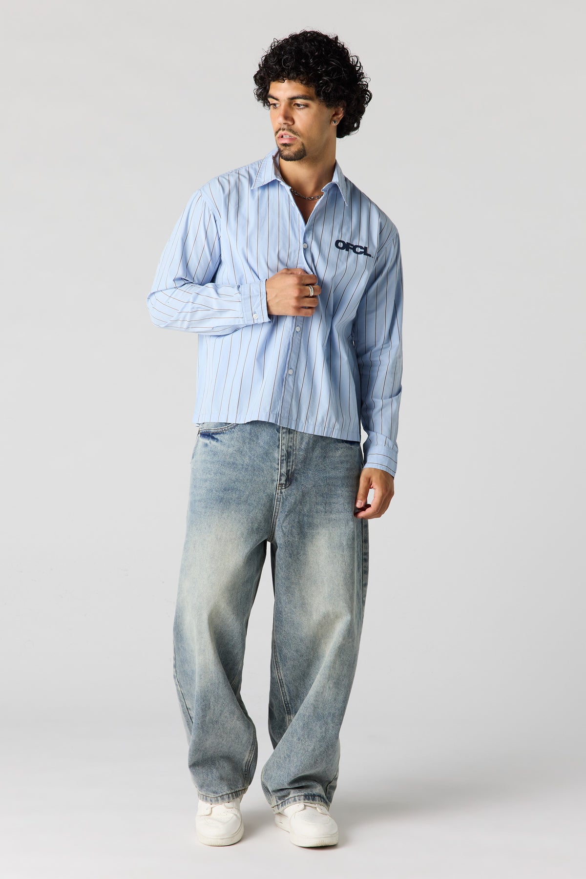 Alt View 3. Pinstriped Graphic Button-Up Top - Blue