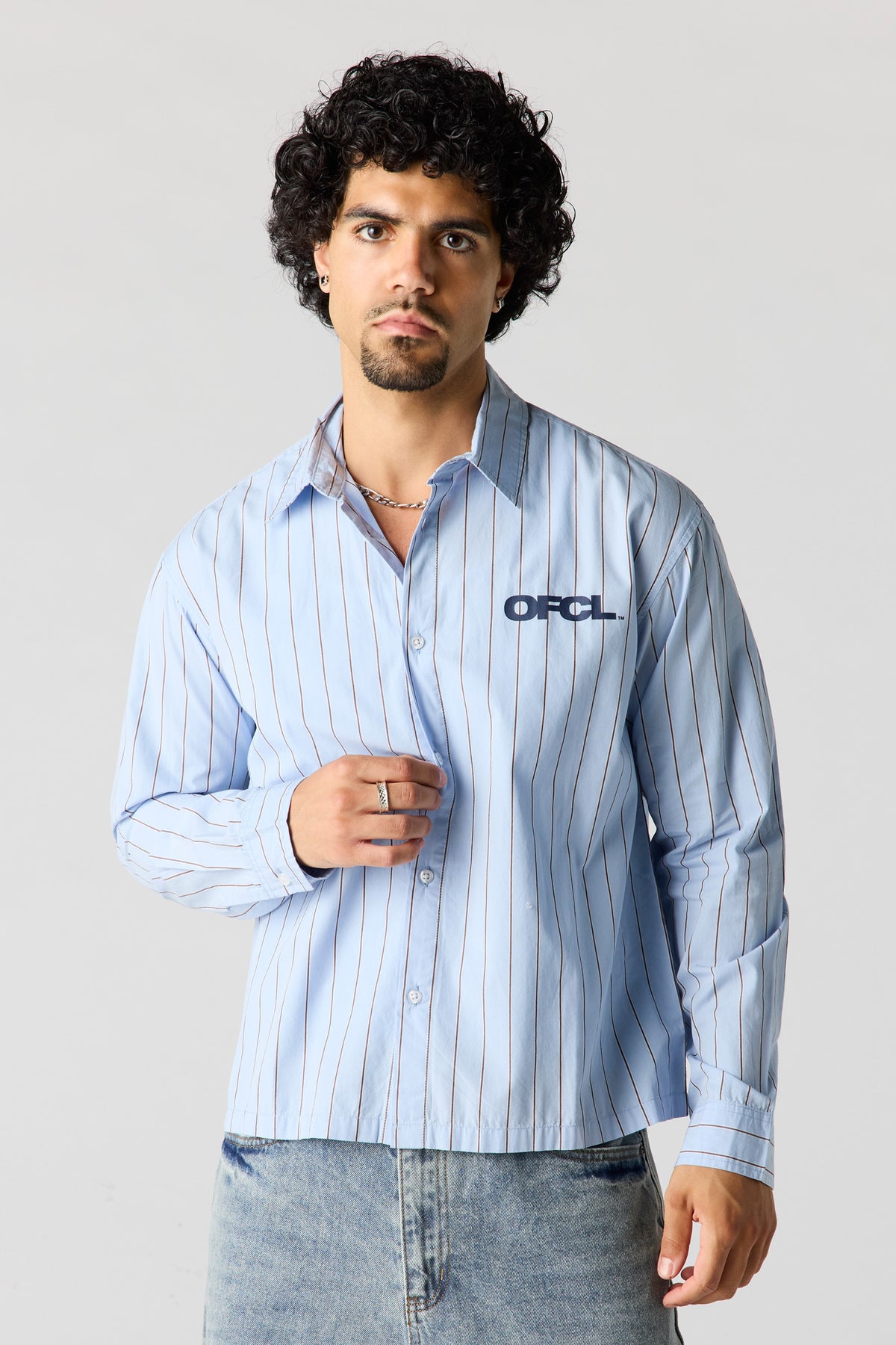 Alt View 2. Pinstriped Graphic Button-Up Top - Blue