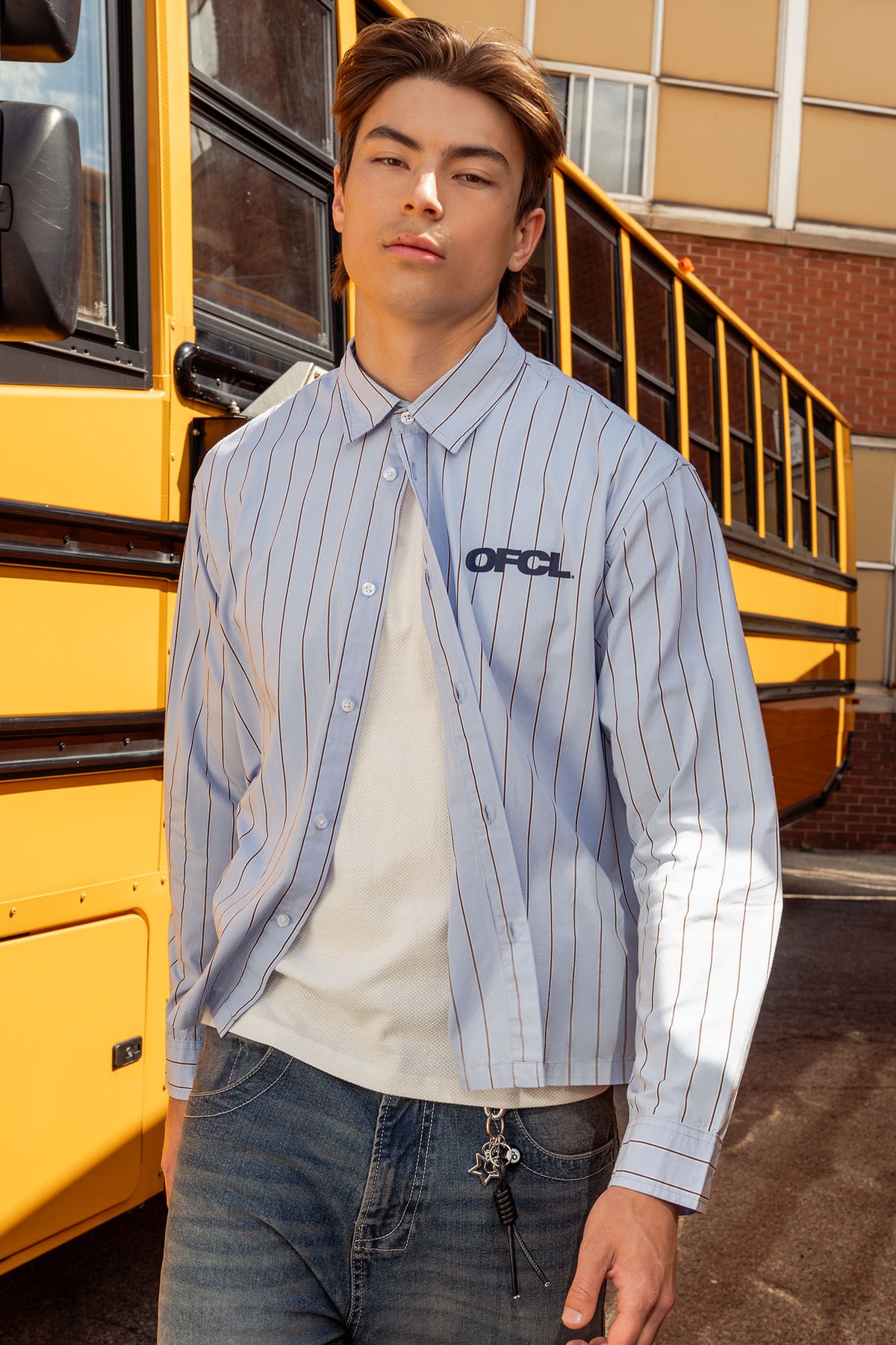 Alt View 2. Pinstriped Graphic Button-Up Top - Blue