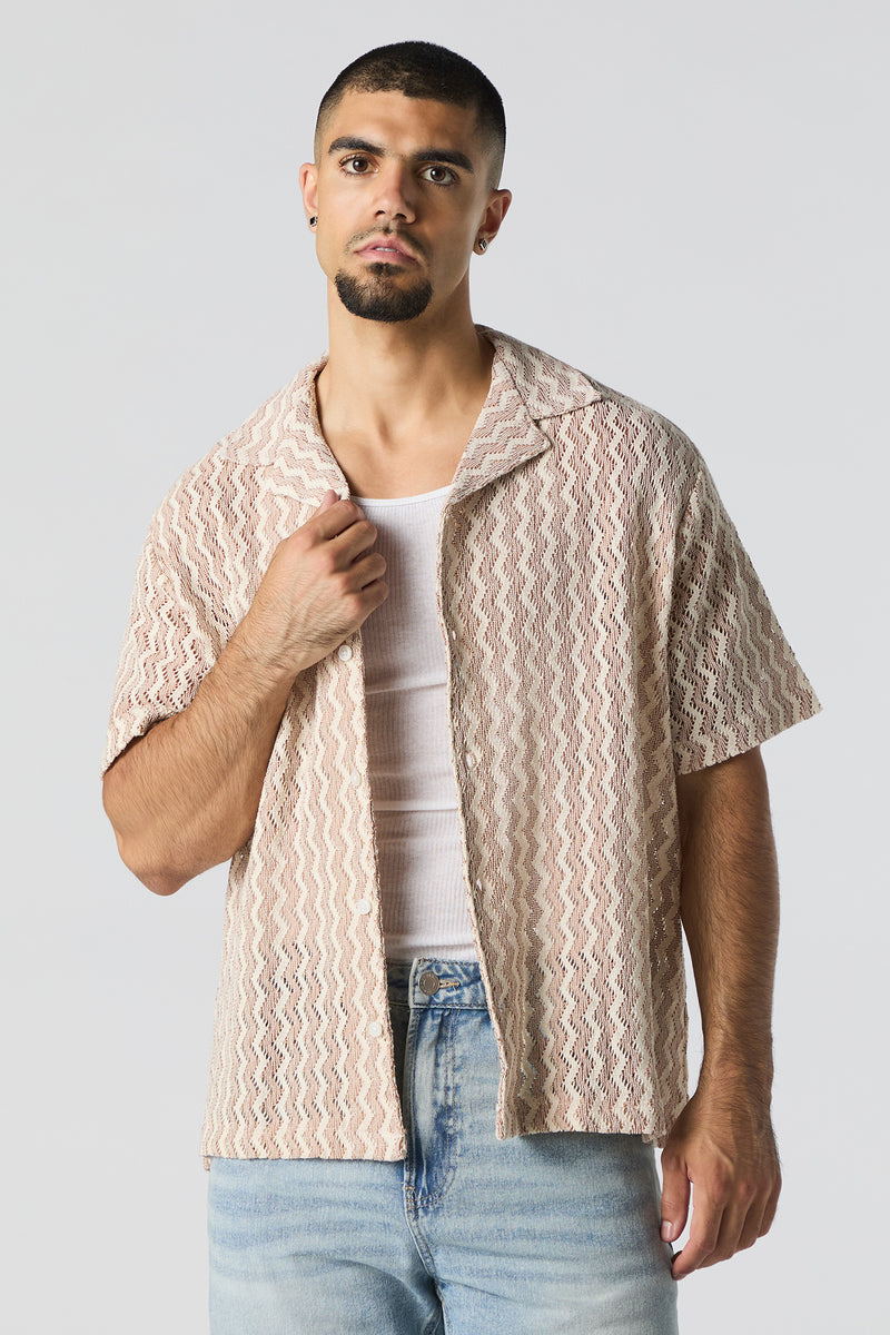 Zig Zag Textured Button-Up Top