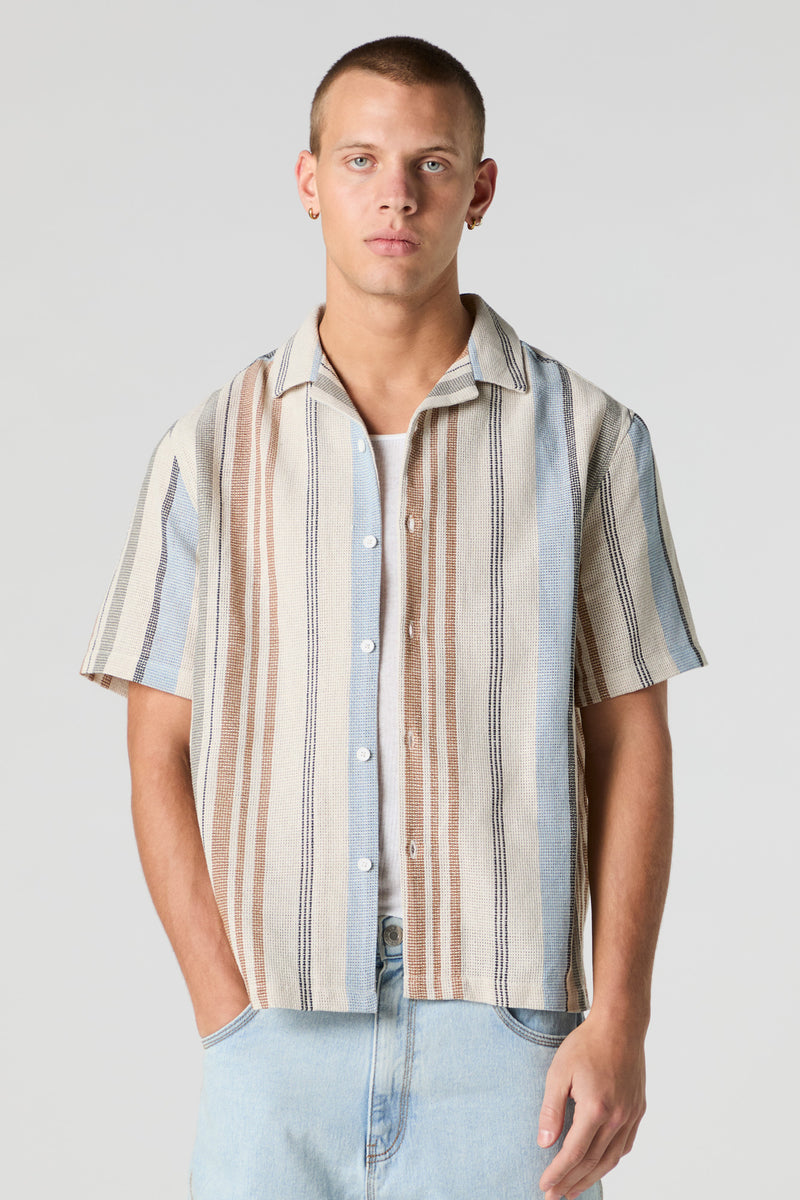 Textured Striped Short Sleeve Button-Up Top