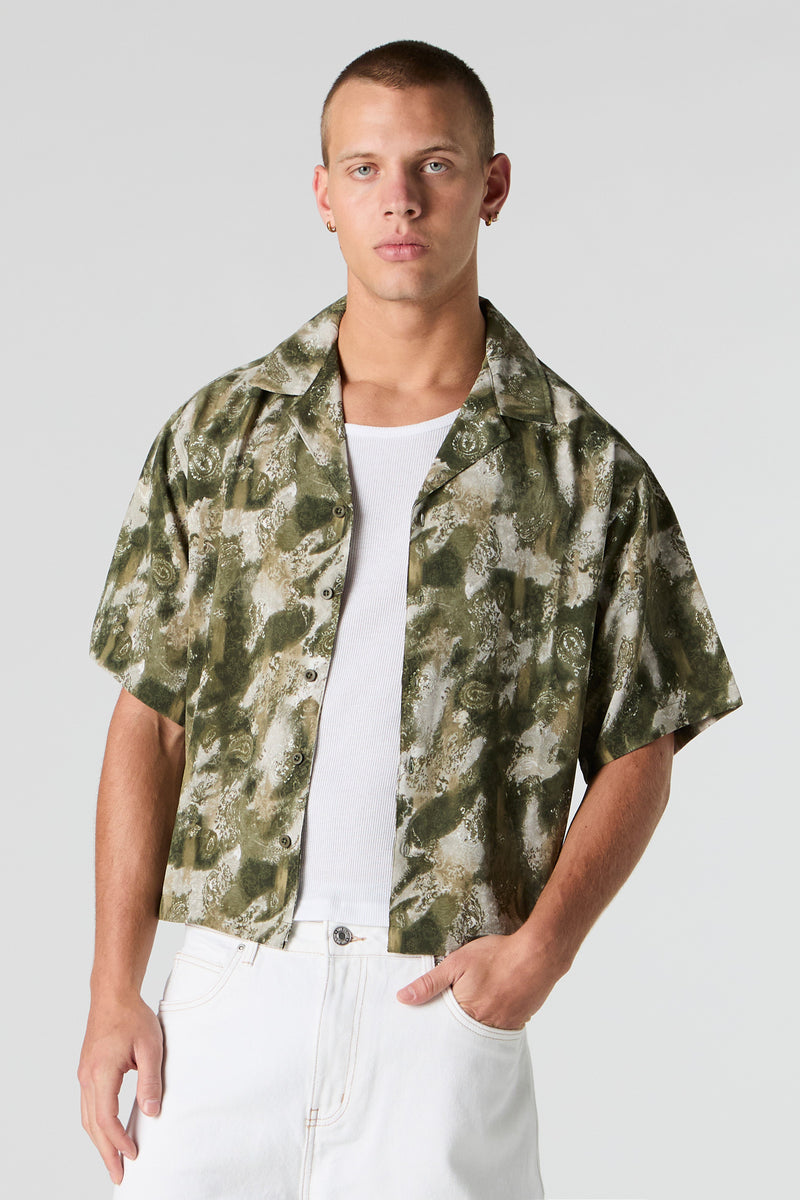 Printed Boxy Short Sleeve Button-Up Top