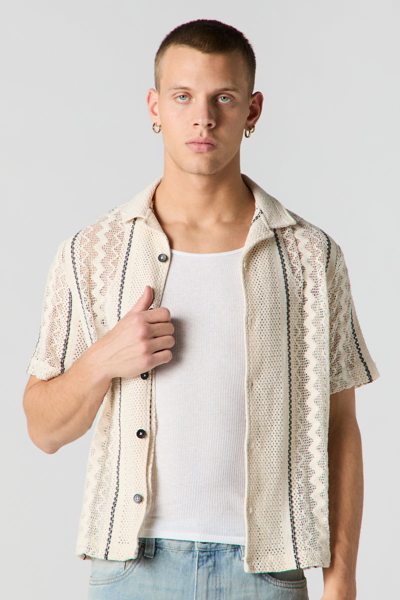 Textured Open Knit Button-Up Top