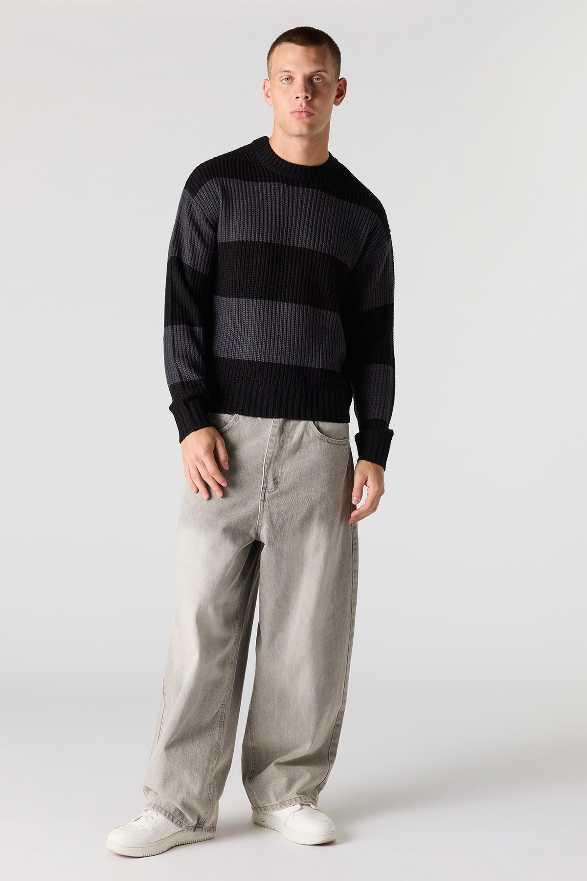 Alt View 3. Striped Knit Sweater - Black