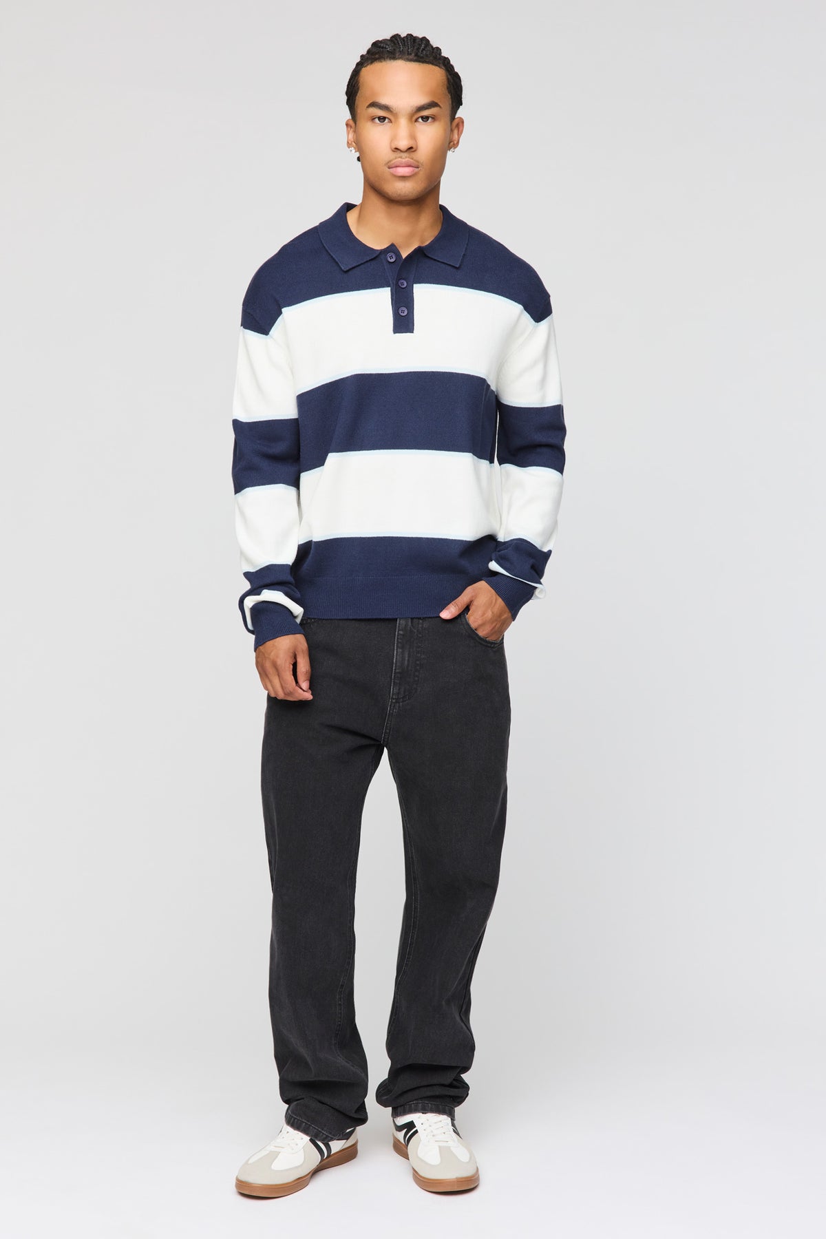 Alt View 3. Striped Polo Sweater - Navy