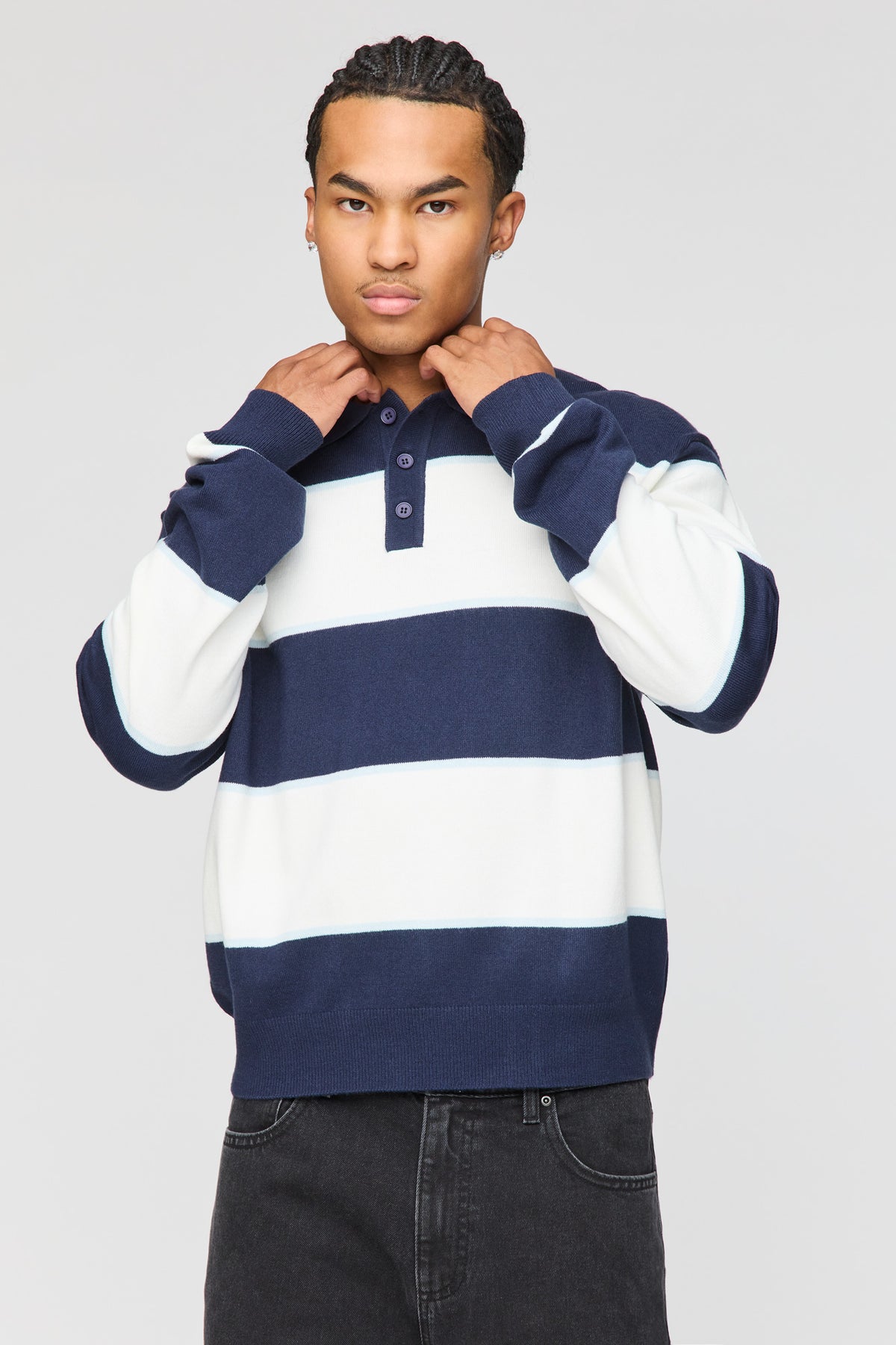Striped Polo Sweater - Navy