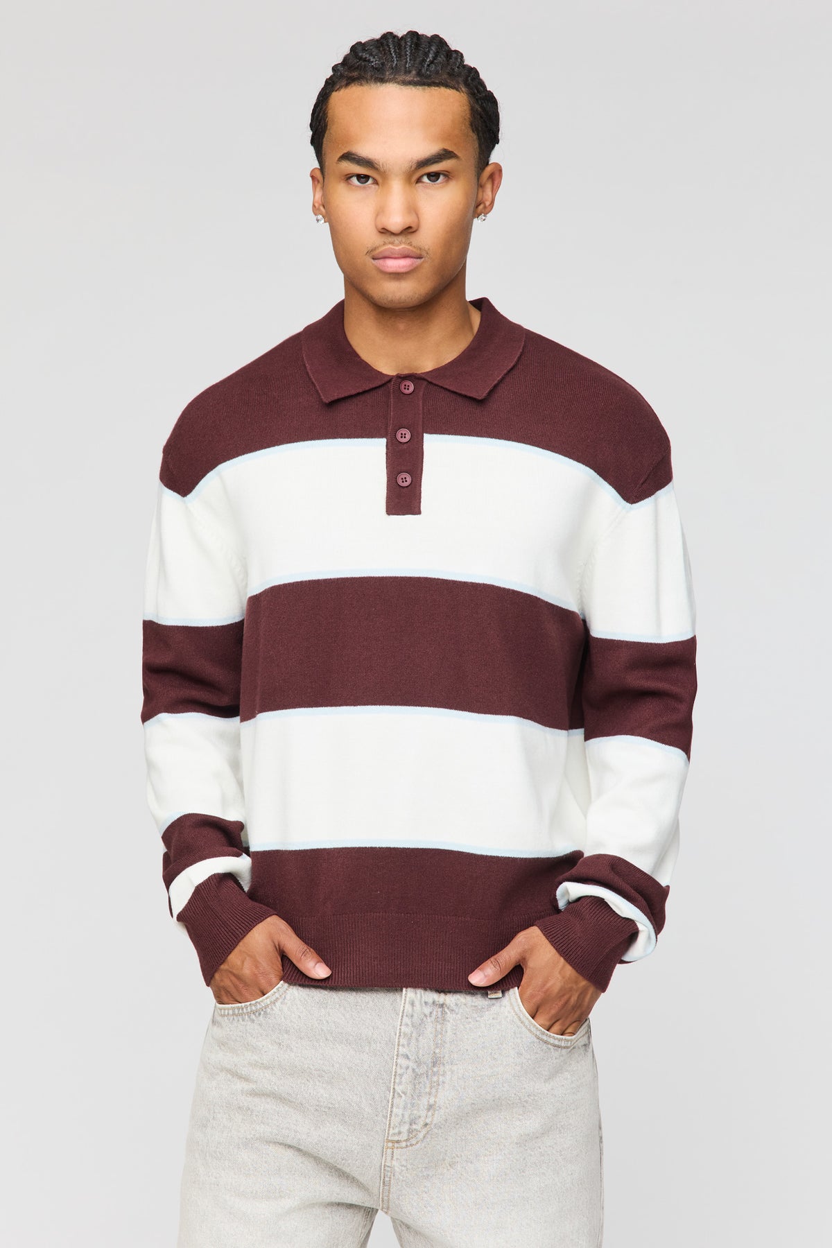 Striped Polo Sweater - Burgundy