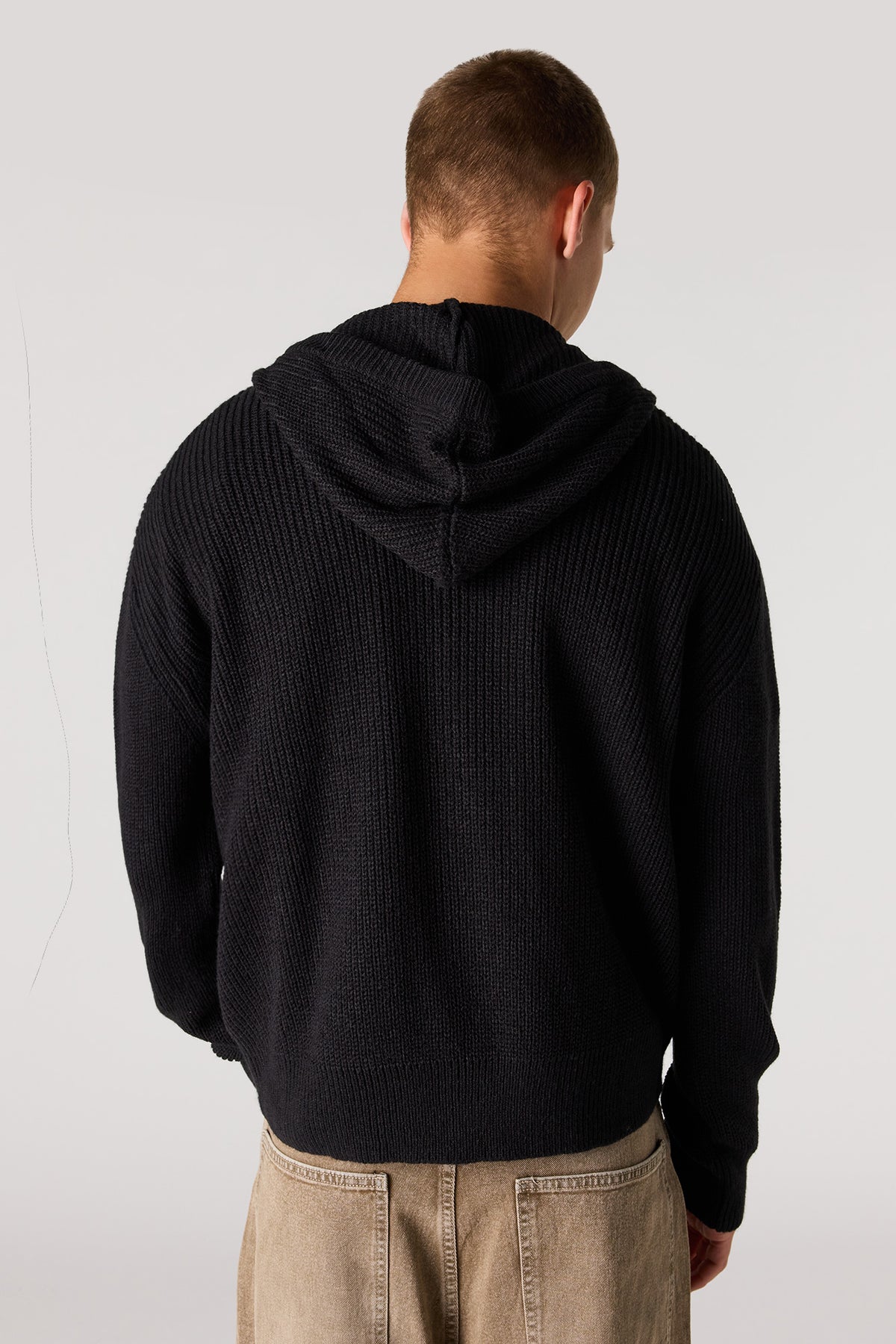 Alt View 2. 2-Way Zip-Up Knit Hooded Sweater - Black