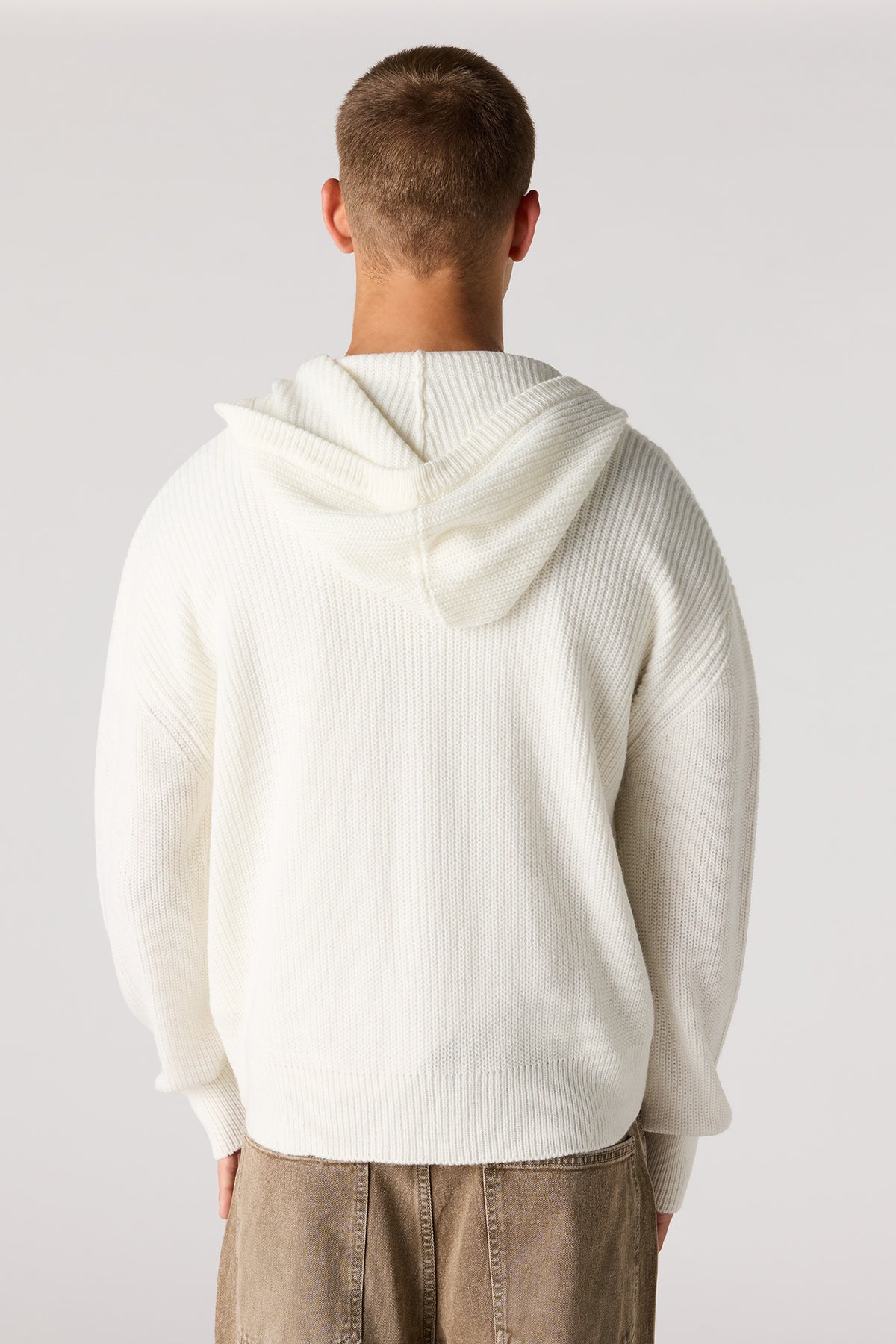 Alt View 2. 2-Way Zip-Up Knit Hooded Sweater - Off White