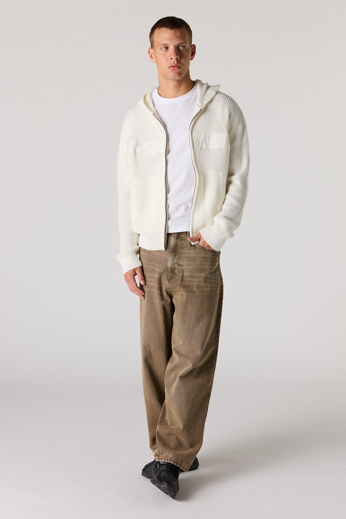 Alt View 3. 2-Way Zip-Up Knit Hooded Sweater - Off White