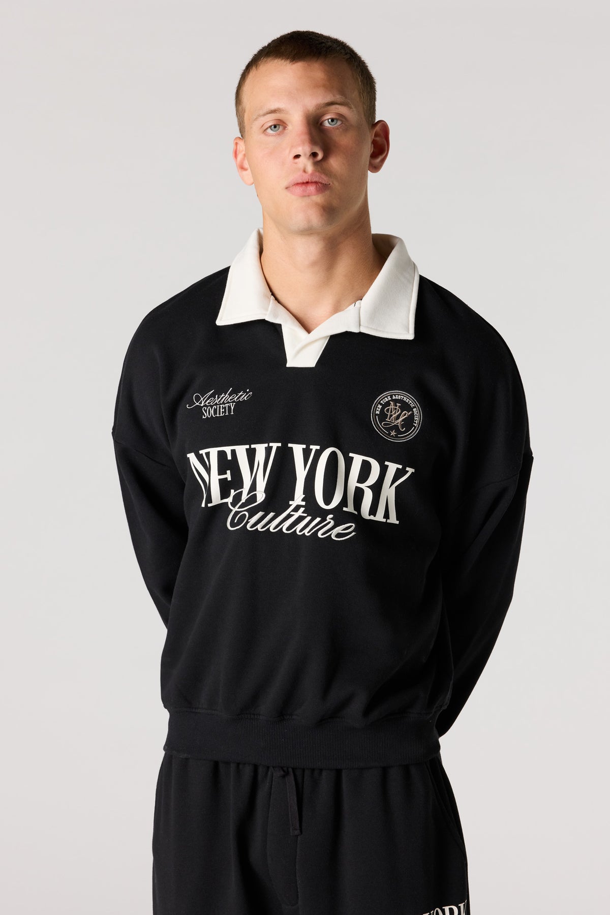 Graphic Long Sleeve Fleece Polo - Black