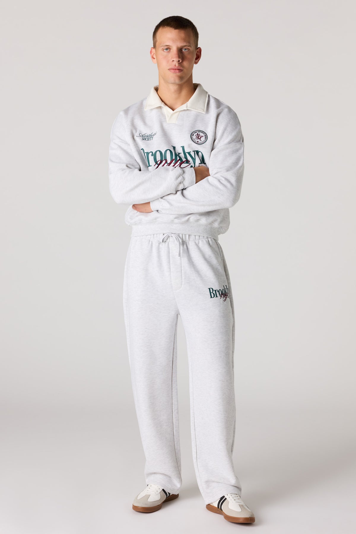 Alt View 3. Graphic Long Sleeve Fleece Polo - Light Grey
